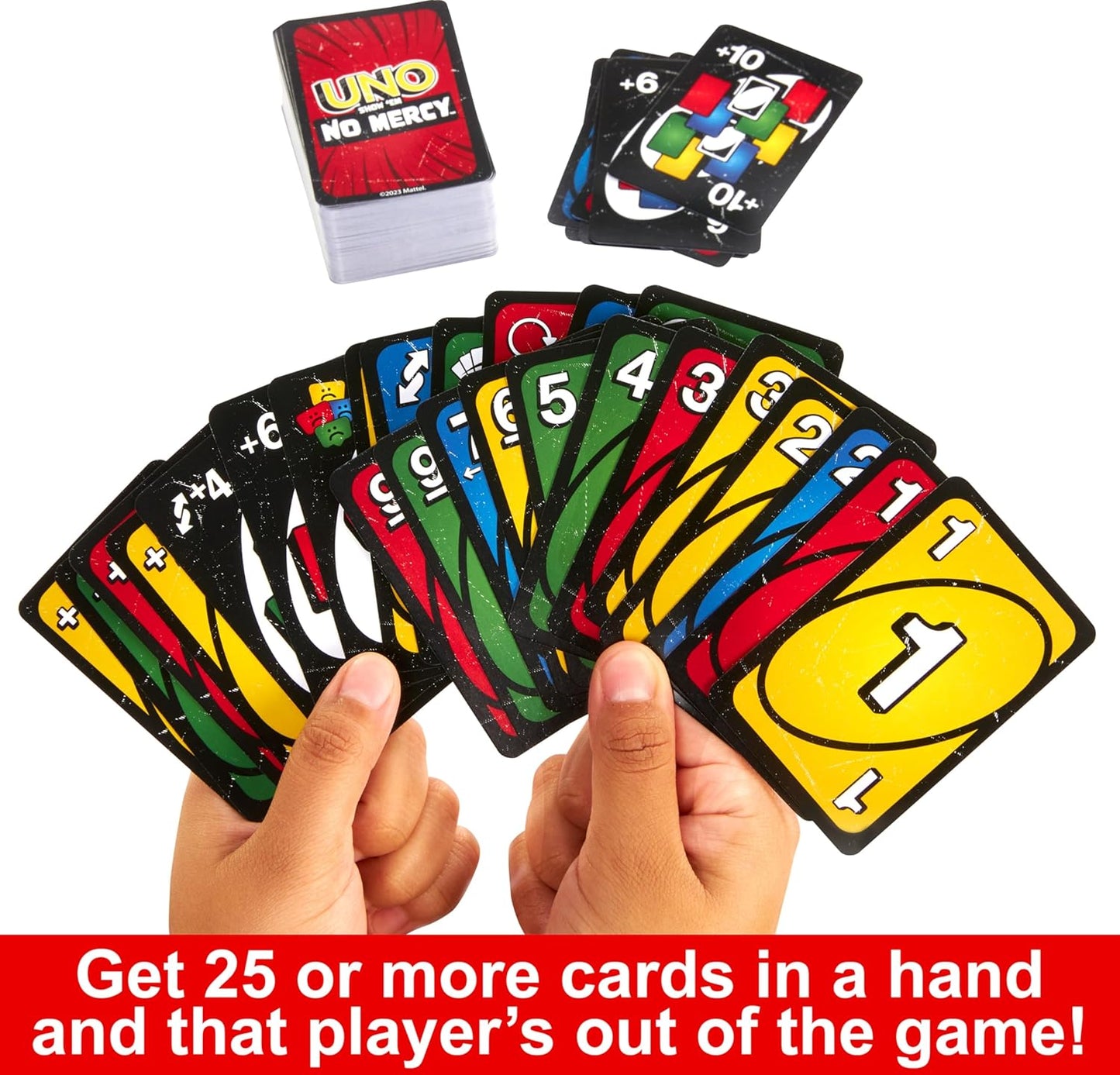 HotMattel Games UNO Show ‘em No Mercy Card Game in Storage Tin,Ages 7+ | Extra Cards, Special Rules & Tougher Penalties for Kids, Teens & Family Game Night, 2-6 Players (Amazon Exclusive)