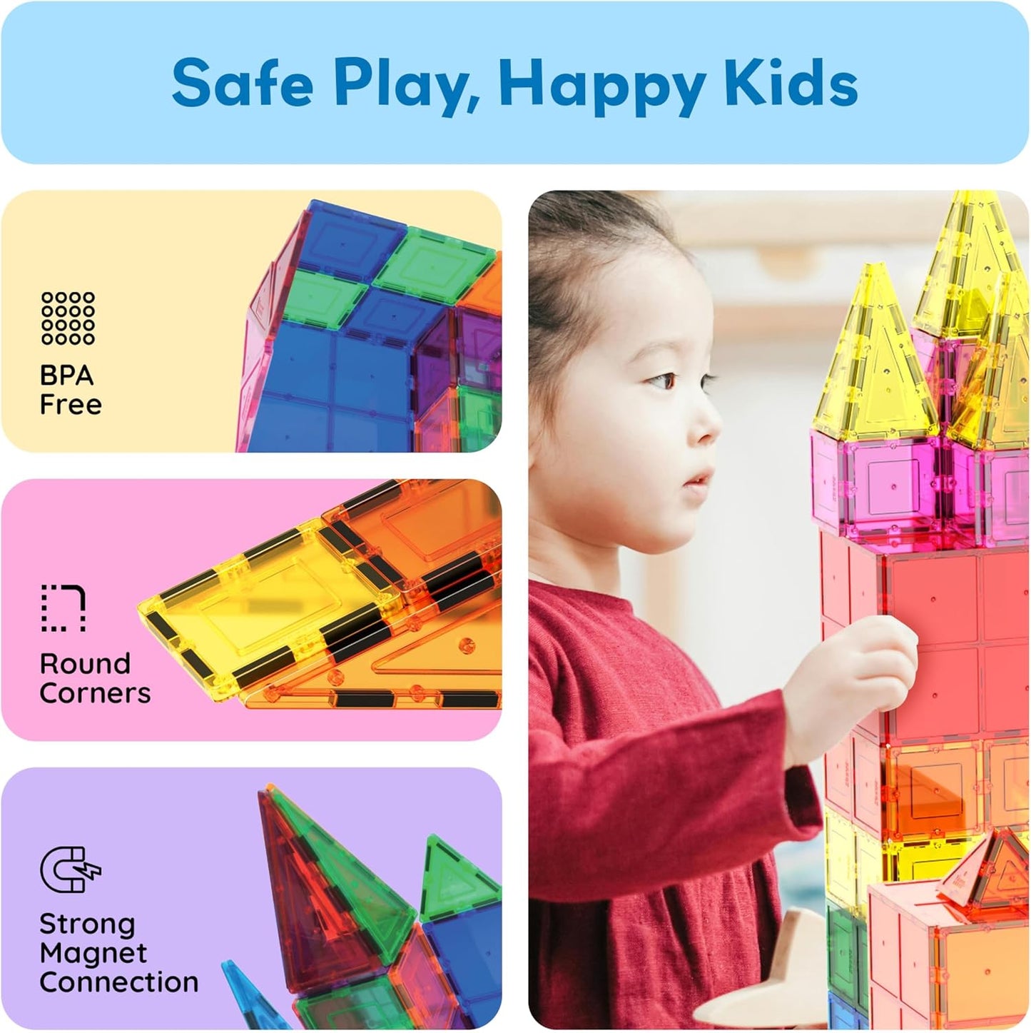 HotPicassoTiles 60 Piece Magnetic Tiles Clear 3D Building Blocks STEM Ages 3+ | Montessori sensory learning, easy small-hand grip, multiplayer group play fun, preschool classroom gifting, smooth safe edges