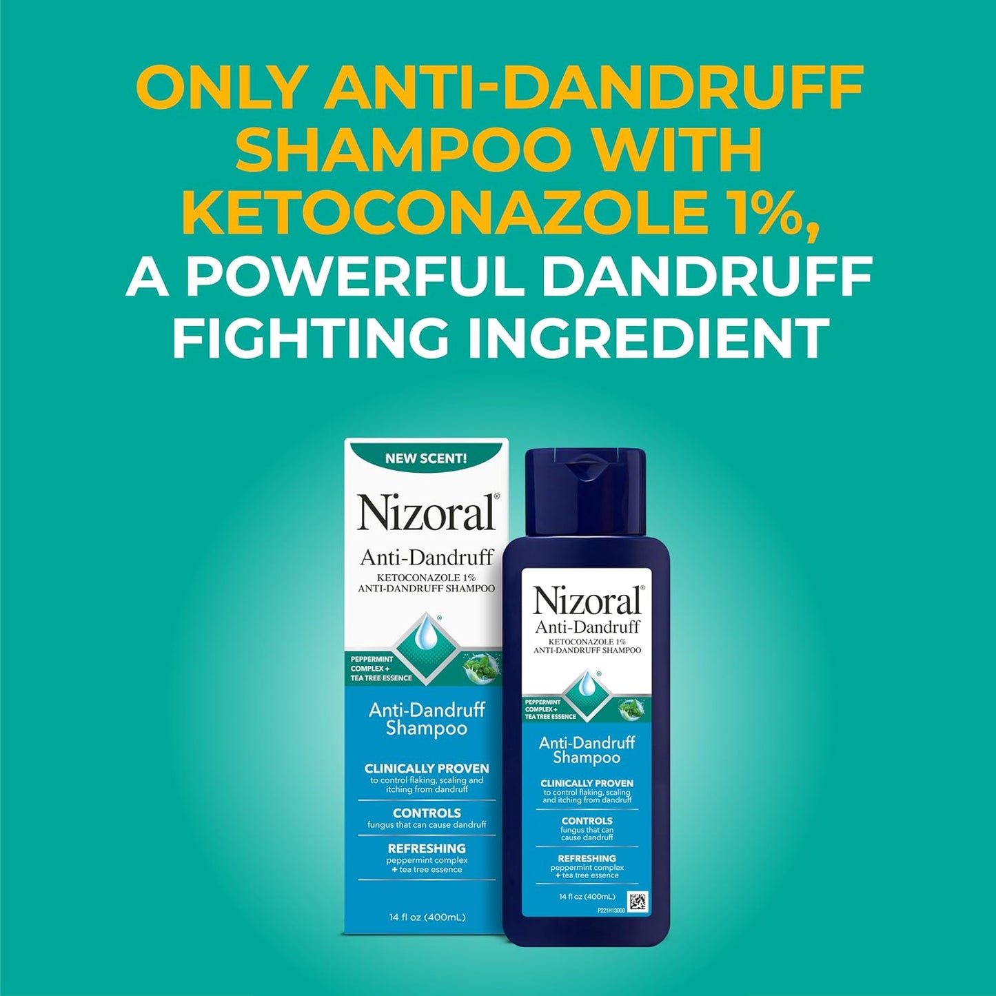 HotNizoral Anti-Dandruff Shampoo with 1% Ketoconazole, 14 Fl Oz, Peppermint and Tea Tree Scent, Anti Fungal Shampoo, For All Hair Types