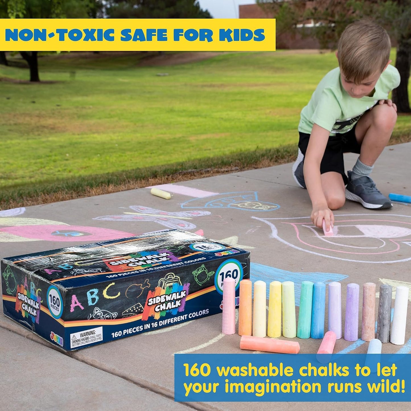 HotJOYIN 160 PCS Sidewalk Chalks Set-16 Colors Non-Toxic Washable Jumbo Chalk for Outdoor Art Play, Painting on Chalkboard, Blackboard and Playground