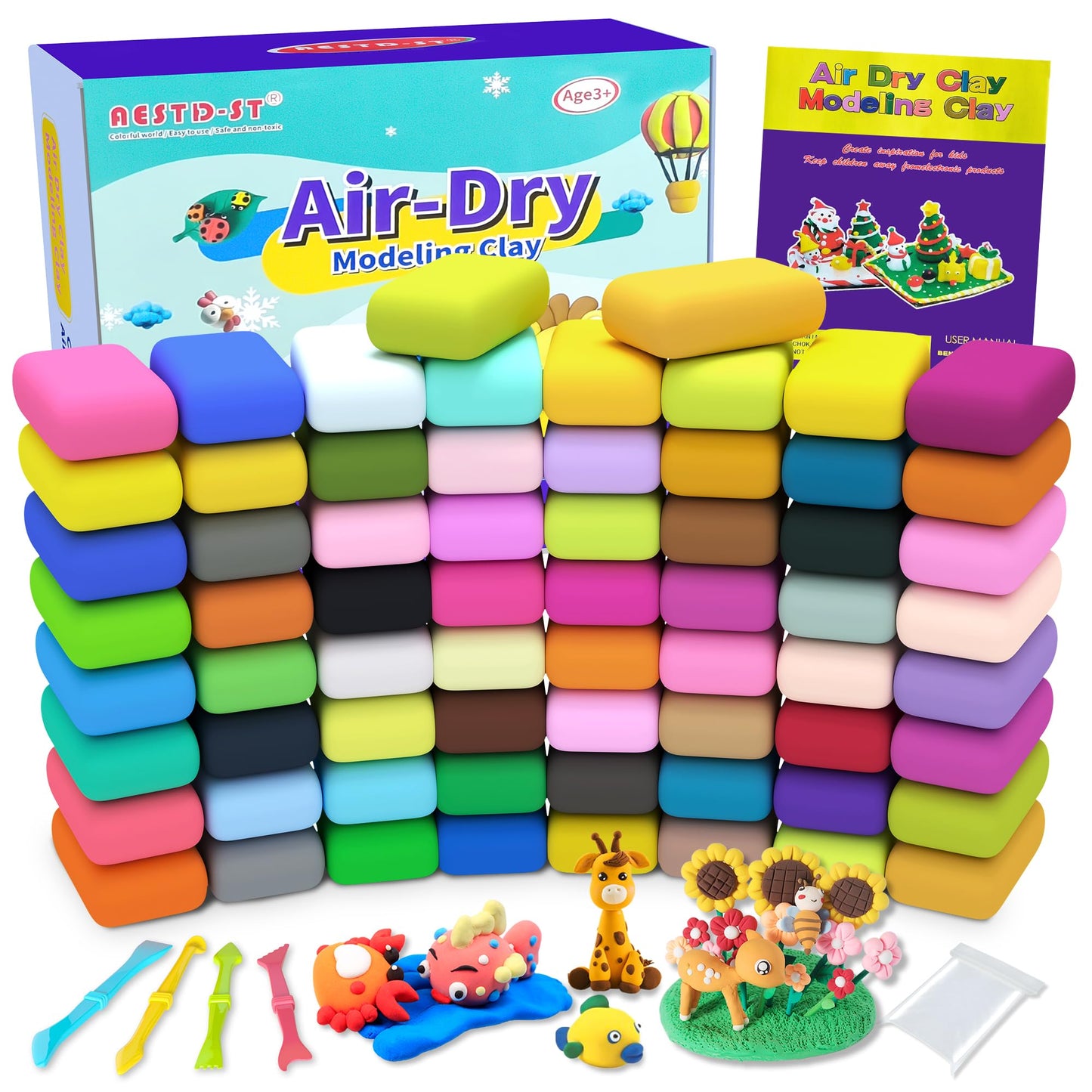 HotAestd-ST Air Dry Clay 66 Colors, Modeling Clay for Kids, DIY Magic Clay | Molding Clay Kit, 4 Sculpting Tools, Resealable bags, Non-Sticky Soft, Super Light, Arts & Crafts Gift for Boys Girls Kids
