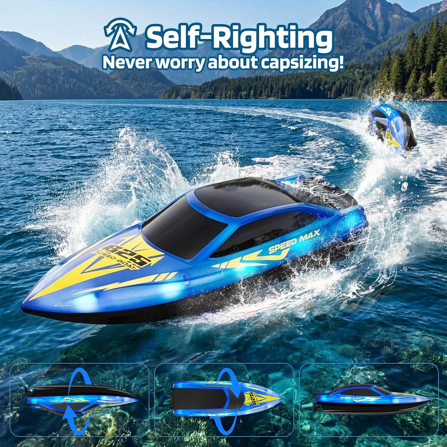 Hot Remote Control Boat for Kids, RC Boat for Pool, Lake, River and Pond with LED Lights, Self-Righting, Waterproof, Fast Speed Racing Electric Boats 2 Speed Modes 60mins Rechargeable Batteries