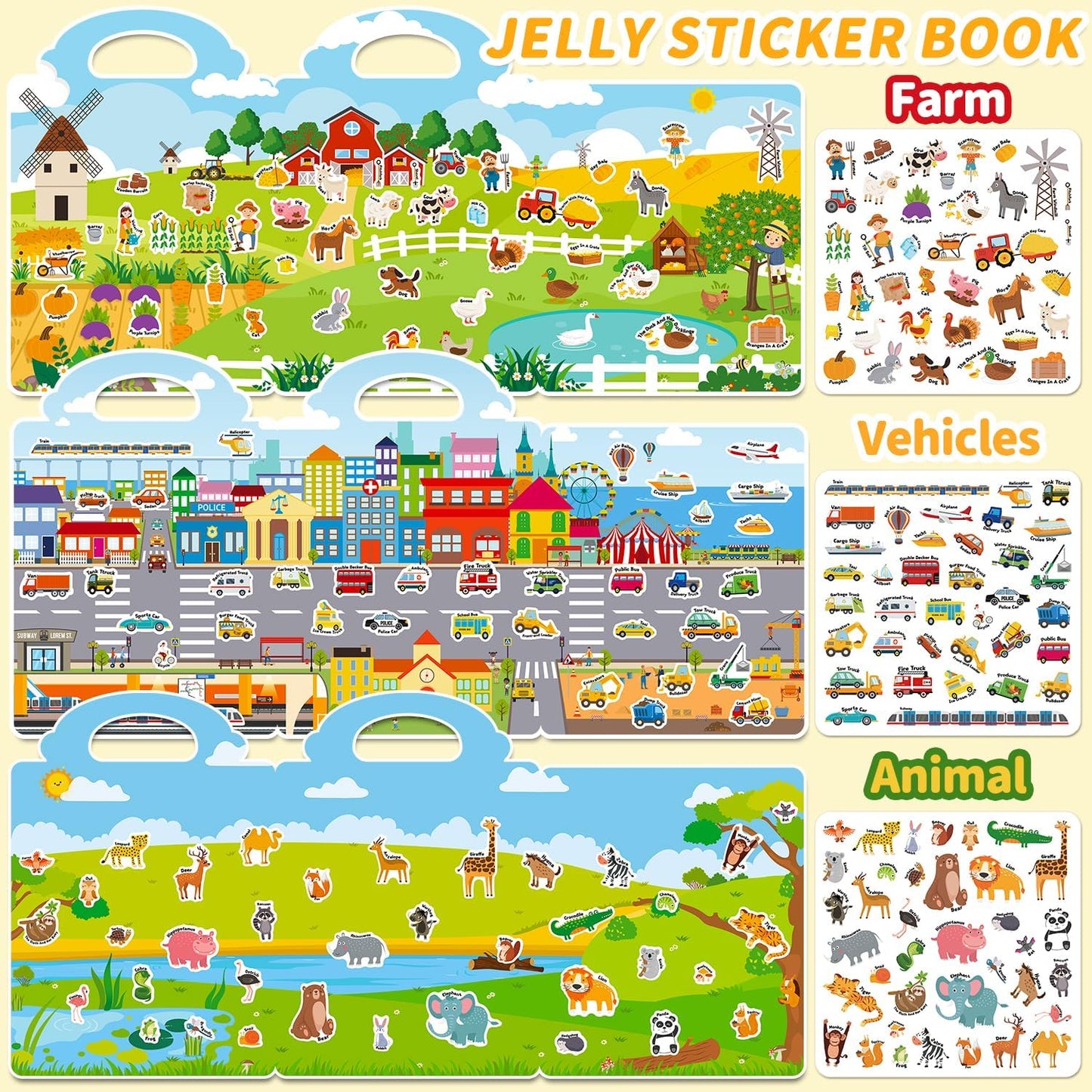 Hot6 Sets Reusable Sticker Book for Toddlers 3-6, Jelly Stickers Book for Kids, Travel Sticker Activity Toys for Childs 3 4 5 6 Years Girls & Boys Best Gifts