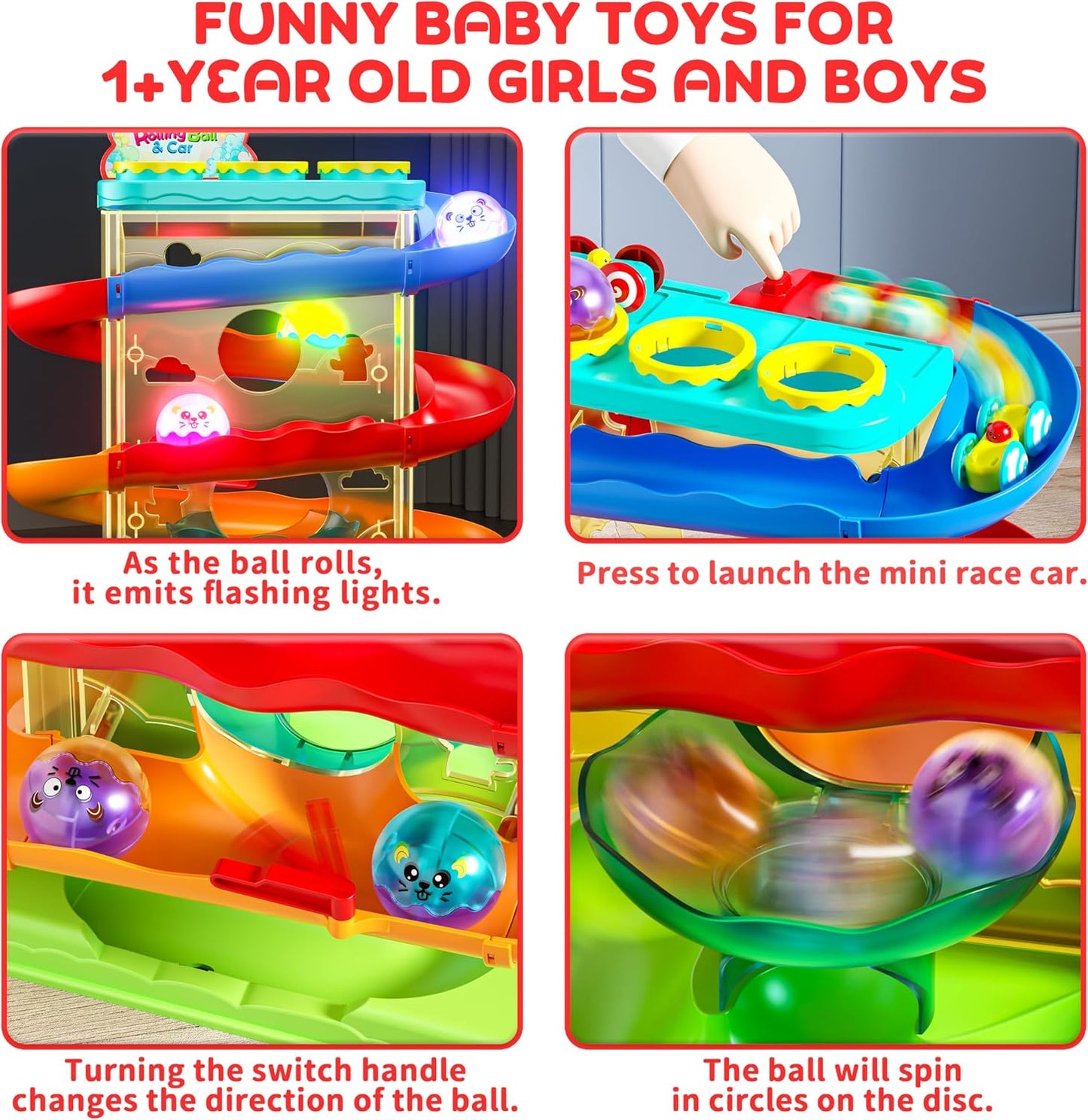Hot2-in-1 Rolling Ball & Car Ramp Race Track for Toddlers, Hammer Ball Drop Toy for Boys & Girls, Interactive Playset w/Sensor Lights - Montessori STEM Learning Toys for Kids 1-5+ Year Old