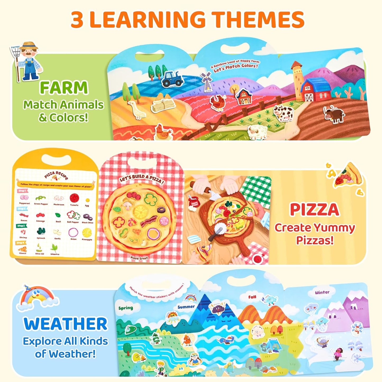 HotJoyCat Reusable Sticker Book Set (3-Pack): Farm, Pizza-Making, Weather - 90 Pcs Stickers for Toddlers, Kids Sticker Activity Book, Road Trip Travel Toys, Birthday Gifts for Boys and Girls