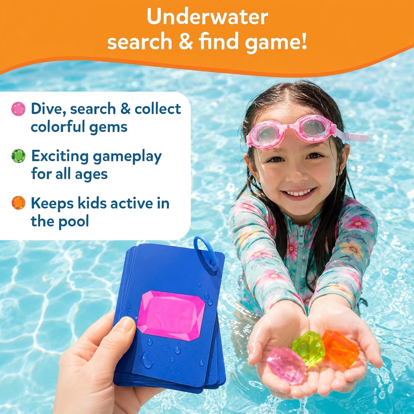 HotSkillmatics – Seek & Splash, Pool Dive Toys for Kids, Search & Find Game | Swimming Pool Game, Fun Summer Gift for Boys & Girls Ages 6, 7, 8, 9, 10, 11 & Up, Includes 64 Colorful Gems
