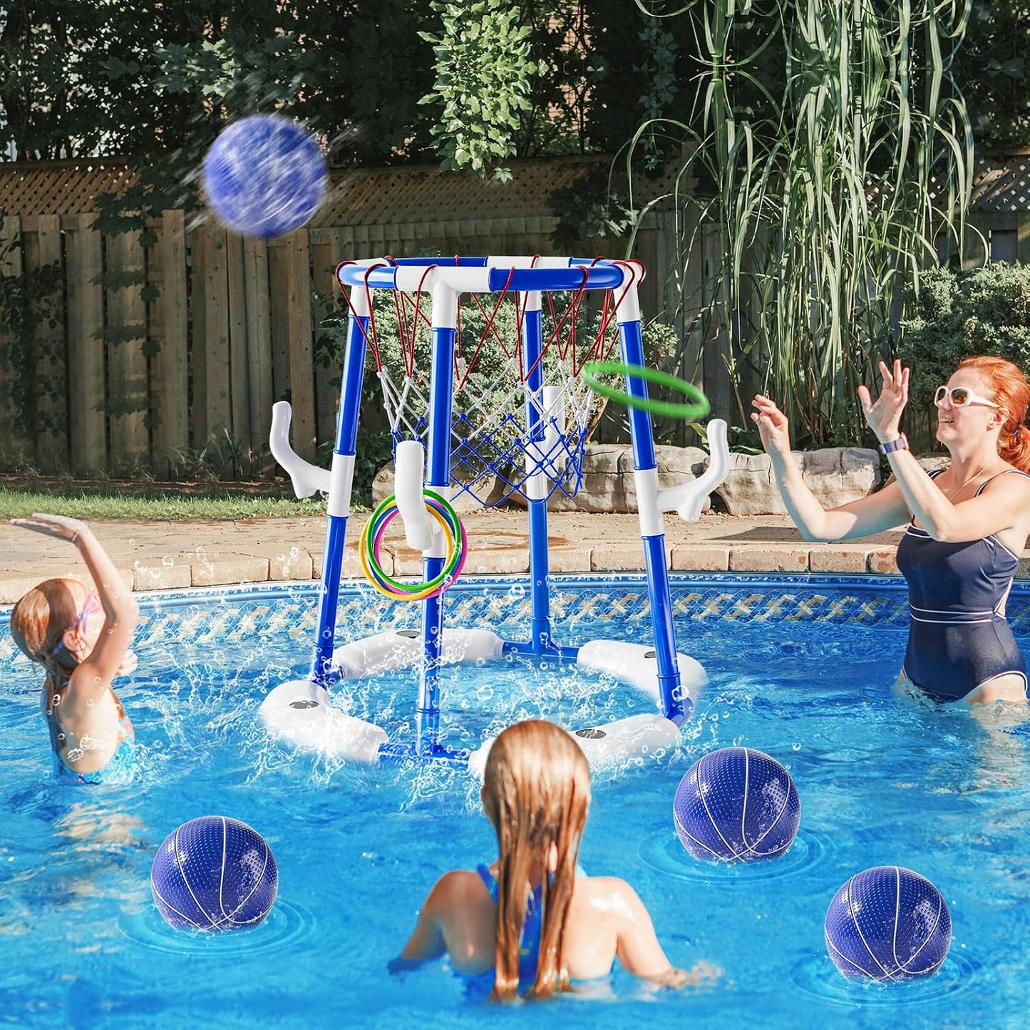 Hot 2-in-1 Pool Basketball Hoop & Ring Games with 4 Balls 12 Rings and Pump, Summer Water Outdoor Party Swimming Pool Toys Games for Kids Ages 4-8 8-12 Adult, Family Water Party Birthday Games Toys