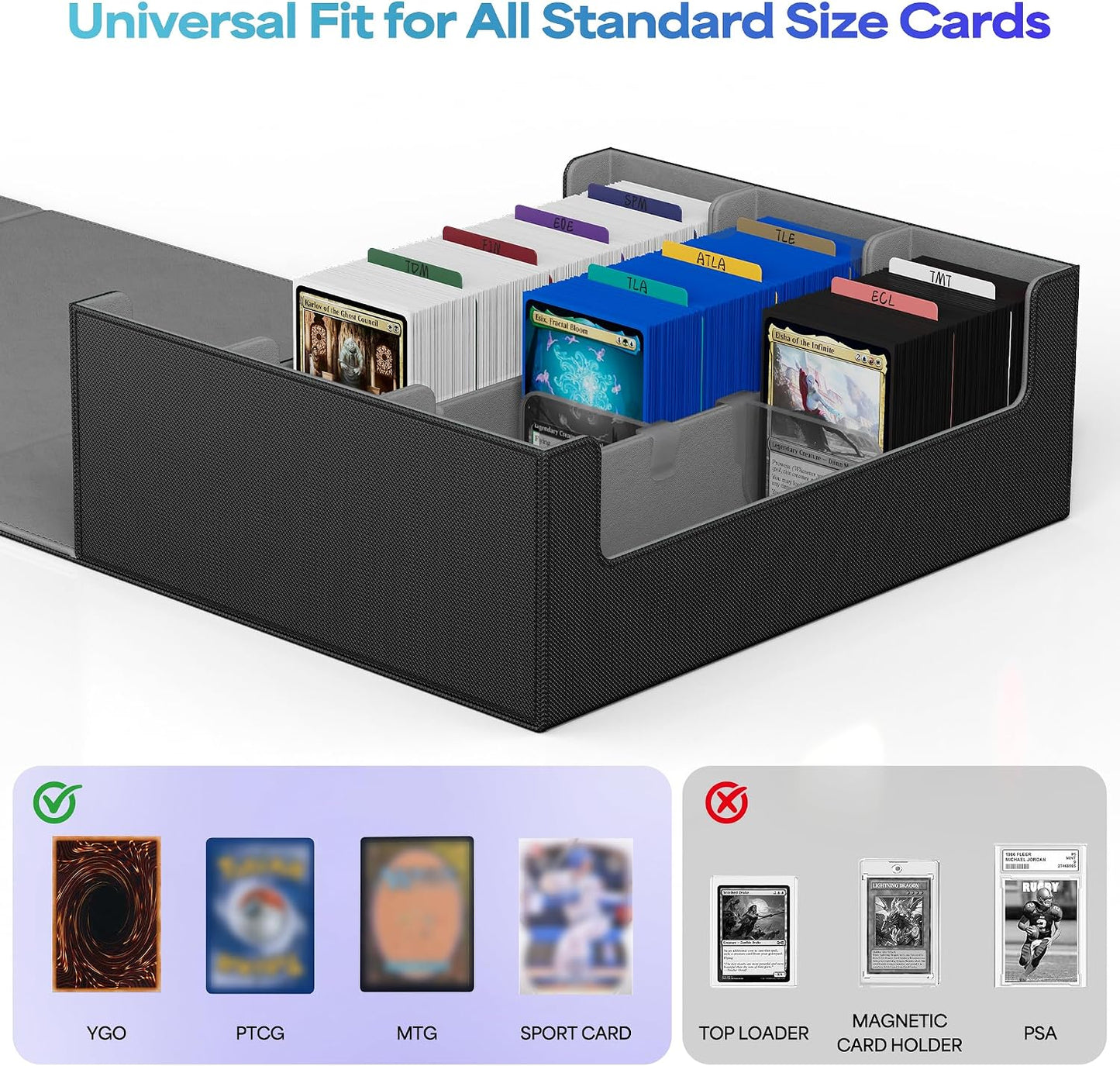 Hot UAONO Trading Card Storage Box, Holds 1800 Sleeved Cards with 10 Dividers & 3 Stoppers, Magnetic Closure PU Leather Card Case for MTG, PTCG, YGO, Sports Cards (Black)