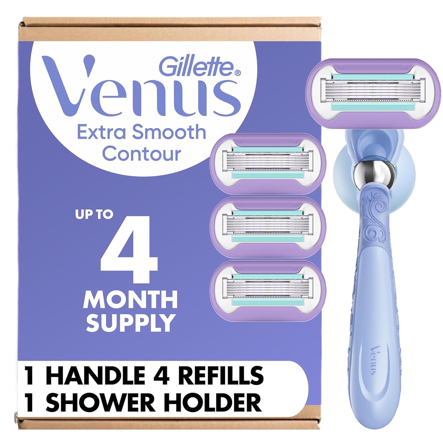 HotGillette Venus Razor for Women, Extra Smooth Contour, Includes 1 Reusable Razor Handle + 4 Count 5-Bladed Razor Refills, with Flexiball Pivoting Handle and Shower Holder