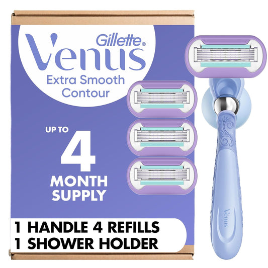 HotGillette Venus Razor for Women, Extra Smooth Contour, Includes 1 Reusable Razor Handle + 4 Count 5-Bladed Razor Refills, with Flexiball Pivoting Handle and Shower Holder