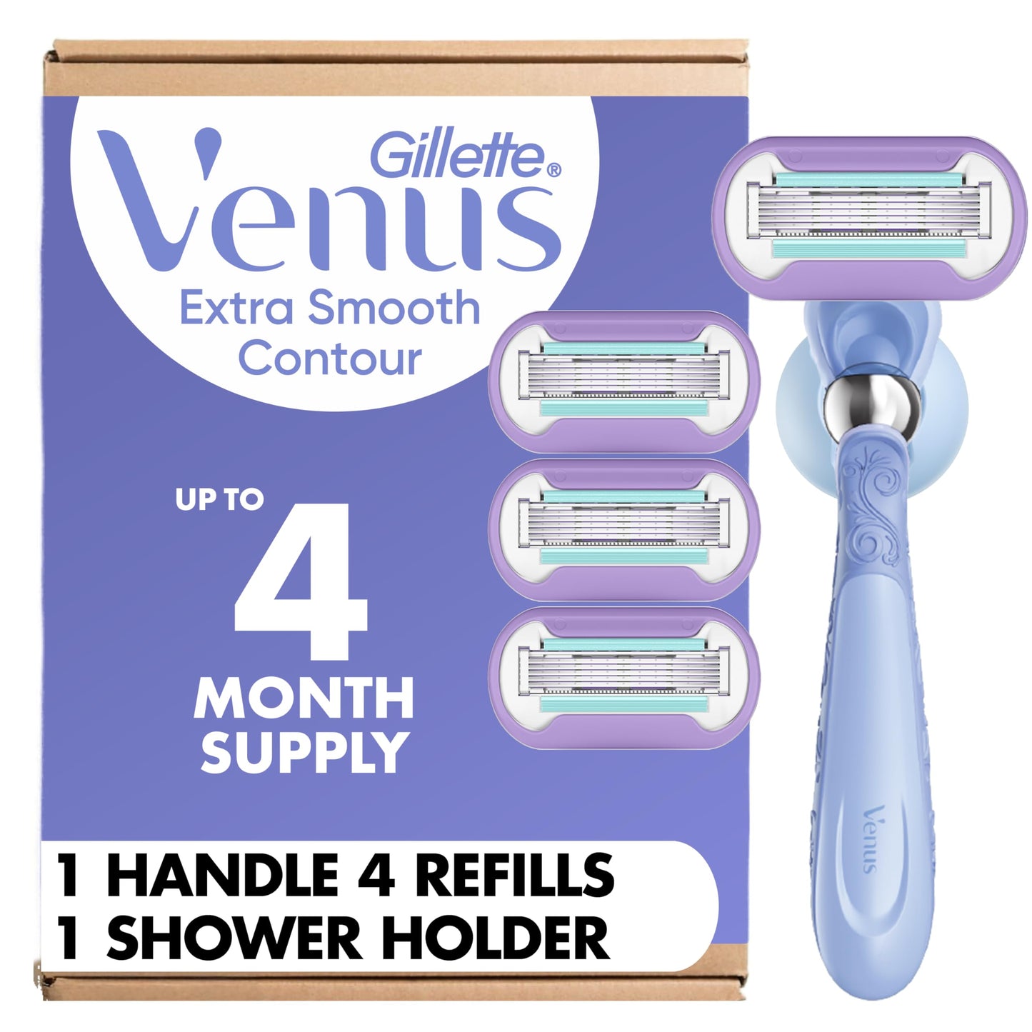 HotGillette Venus Razor for Women, Extra Smooth Contour, Includes 1 Reusable Razor Handle + 4 Count 5-Bladed Razor Refills, with Flexiball Pivoting Handle and Shower Holder