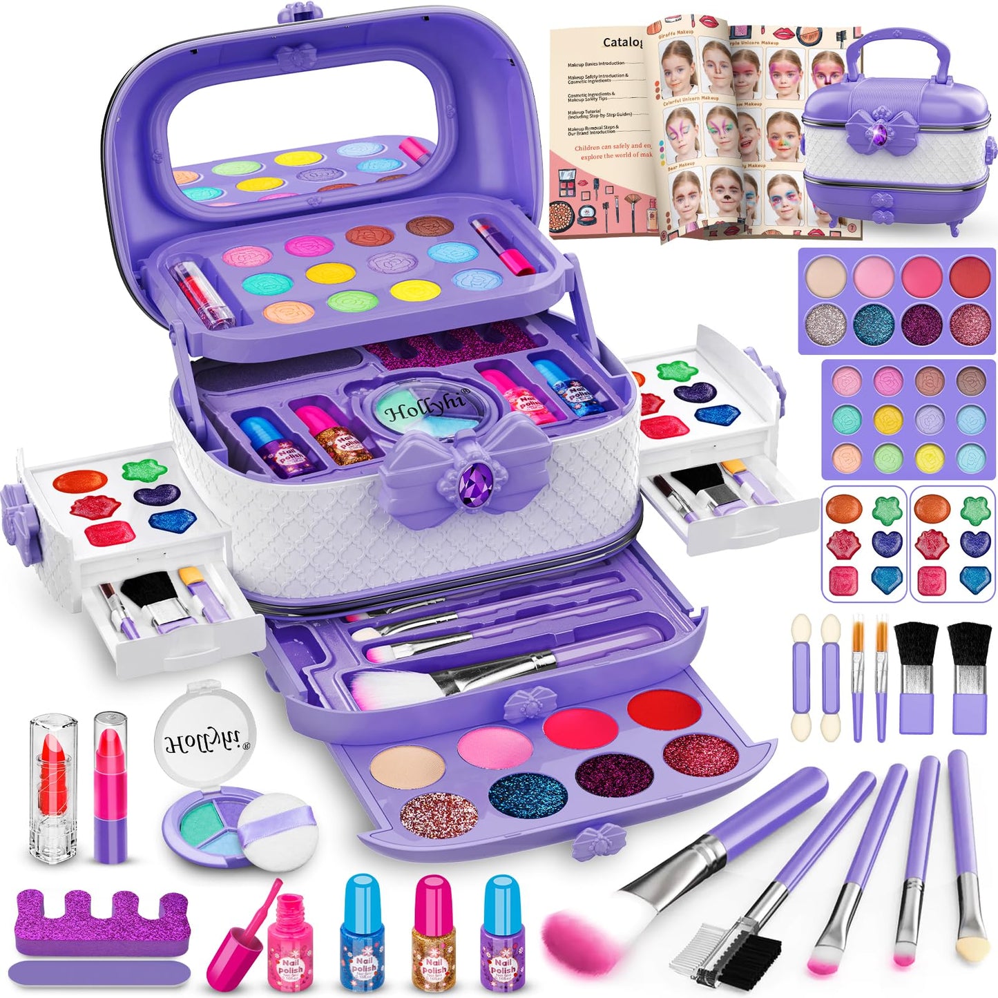 HotHollyhi 58 Pcs Kids Makeup Kit for Girl, Princess Toys Real Washable Cosmetic Set with Mirror, Kids Makeup Sets for Girls, Play Make Up Birthday Gifts for 3 4 5 6 7 8 9 10 11 12 Years Old Kid (Rose)