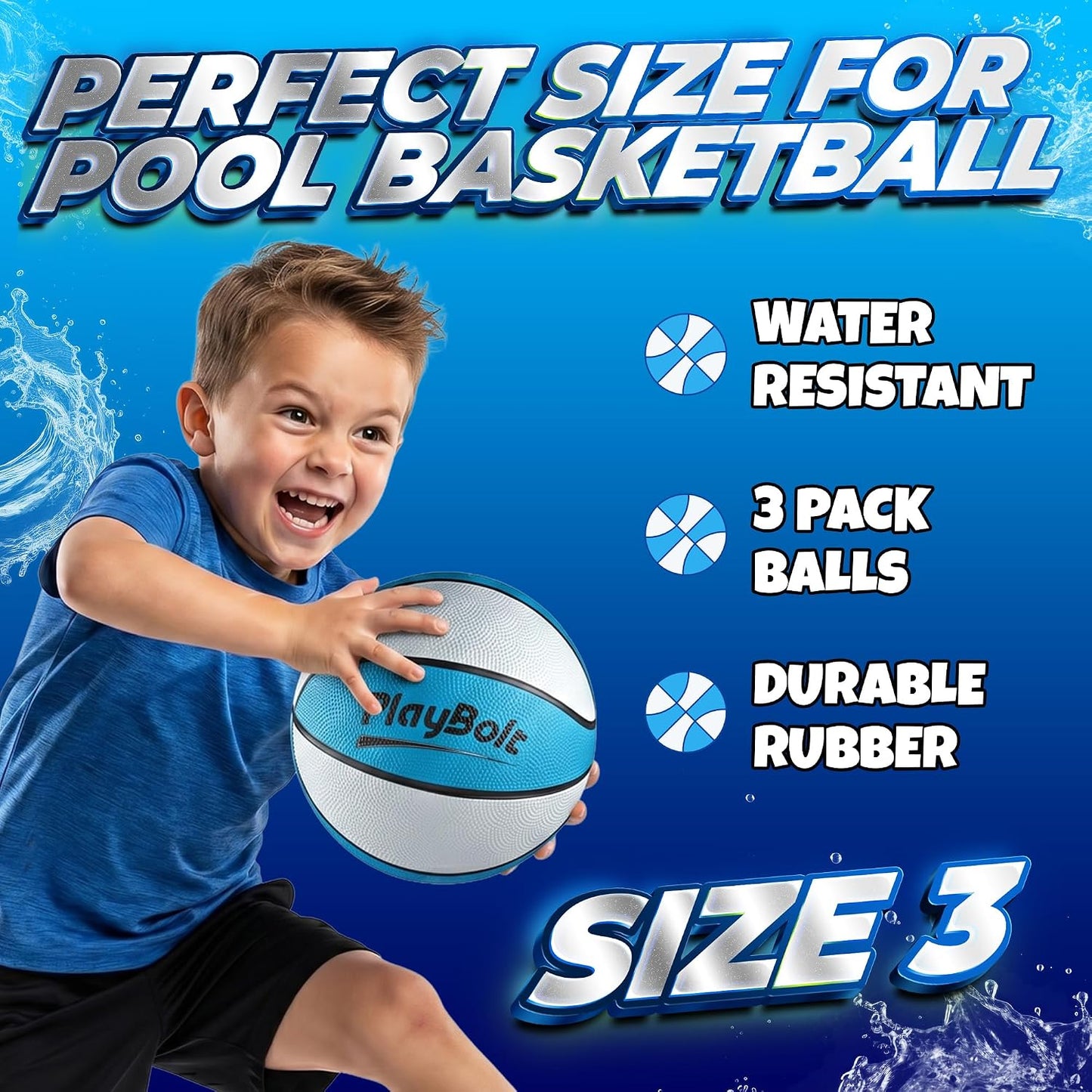 Hot PlayBolt 7-Inch Pool Basketballs (3 Pack) - Waterproof Water Toy Balls - Size 3 Floating Water Basketball for Pool Hoop, Swimming Pool Party Games, Kids & Adults