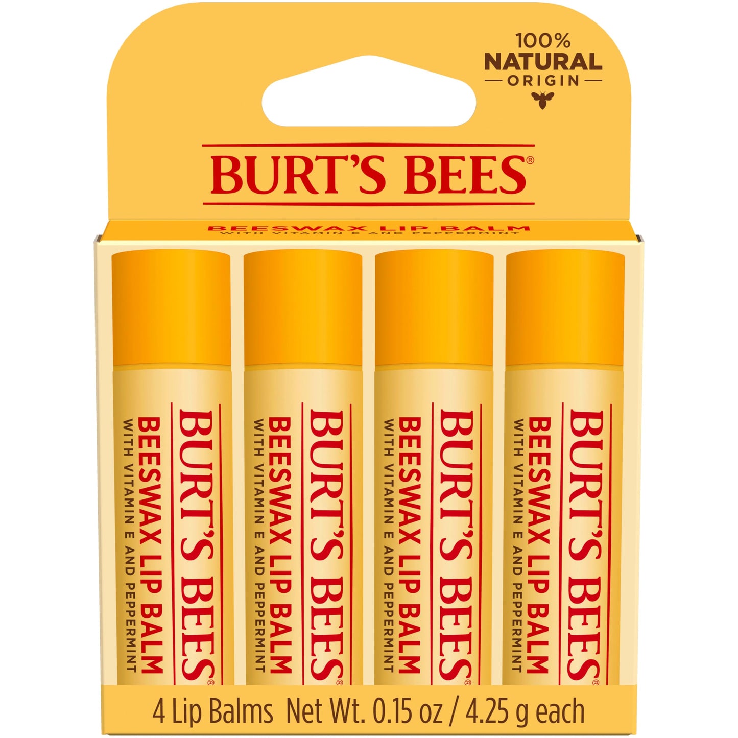 HotBurt's Bees Lip Balm, Beeswax, Strawberry, Coconut and Pear, and Vanilla Bean Pack, With Responsibly Sourced Beeswax, Tint-Free, Natural Lip Treatment, 0.15 oz., Four Tubes
