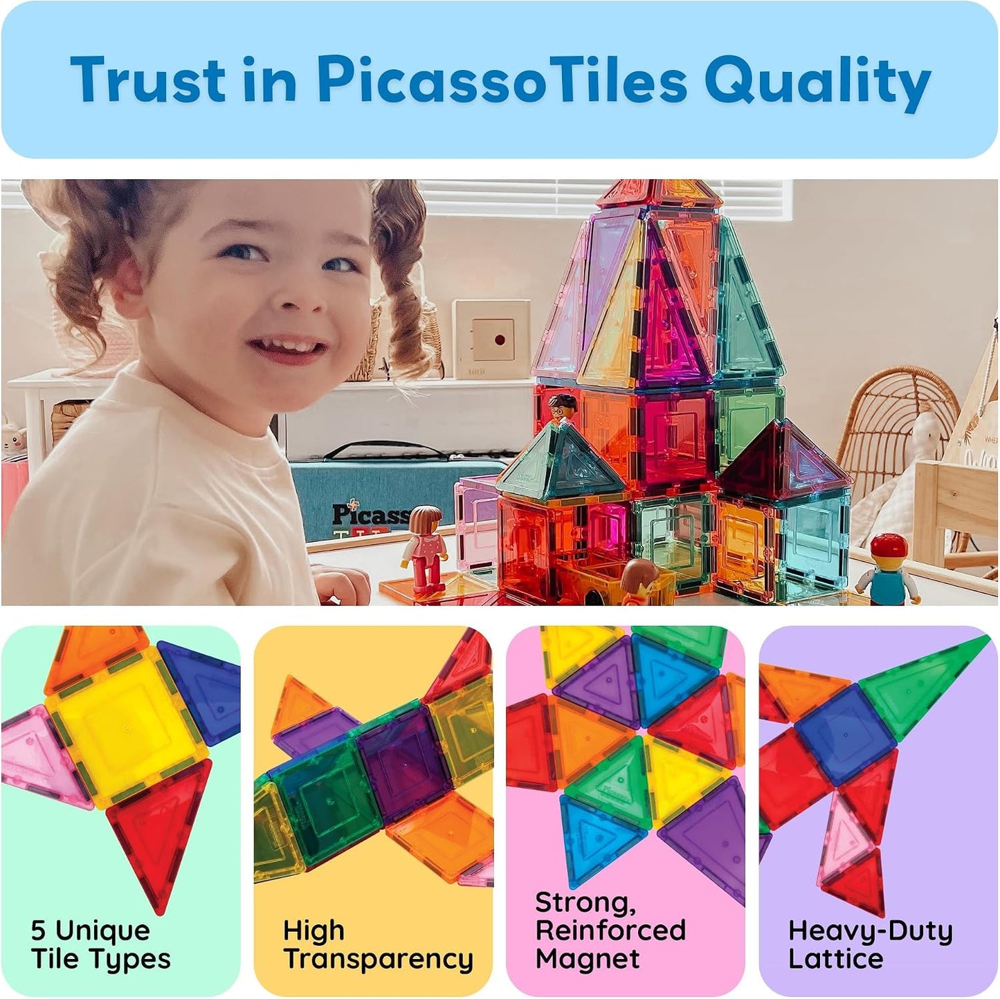 HotPicassoTiles 60 Piece Magnetic Tiles Clear 3D Building Blocks STEM Ages 3+ | Montessori sensory learning, easy small-hand grip, multiplayer group play fun, preschool classroom gifting, smooth safe edges