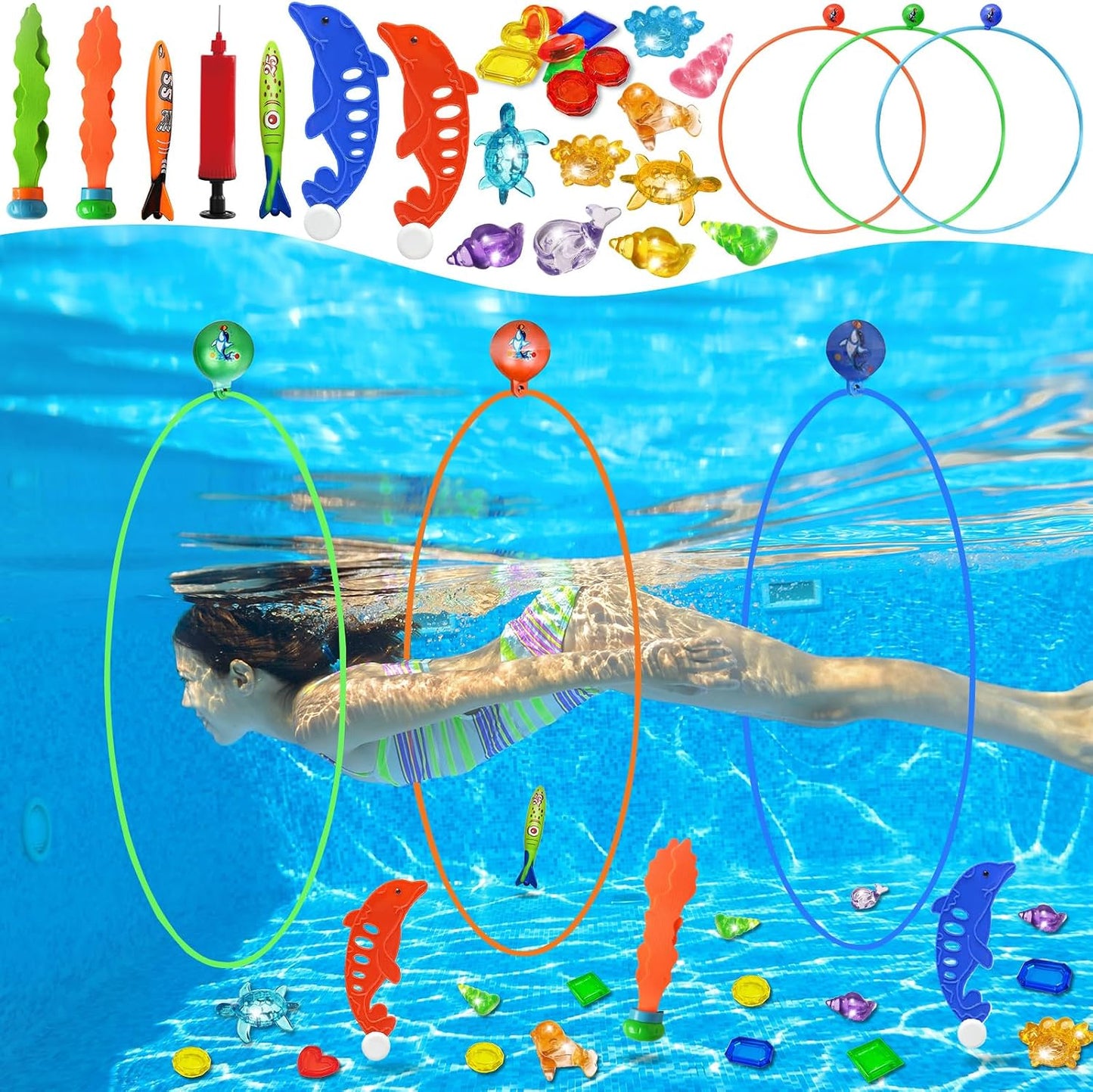 HotJasonwell Pool Toys Diving Rings - 28PCS Swim Thru Rings Pool Game Diving Toys with Dive Ring Underwater Treasures Torpedo Bandits Fish Toy Fun Water Swimming Toy for Boys Girls Kids Teens Adults