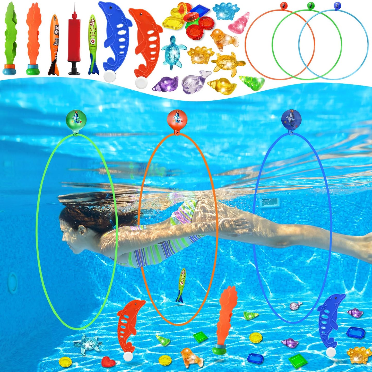 HotJasonwell Pool Toys Diving Rings - 28PCS Swim Thru Rings Pool Game Diving Toys with Dive Ring Underwater Treasures Torpedo Bandits Fish Toy Fun Water Swimming Toy for Boys Girls Kids Teens Adults