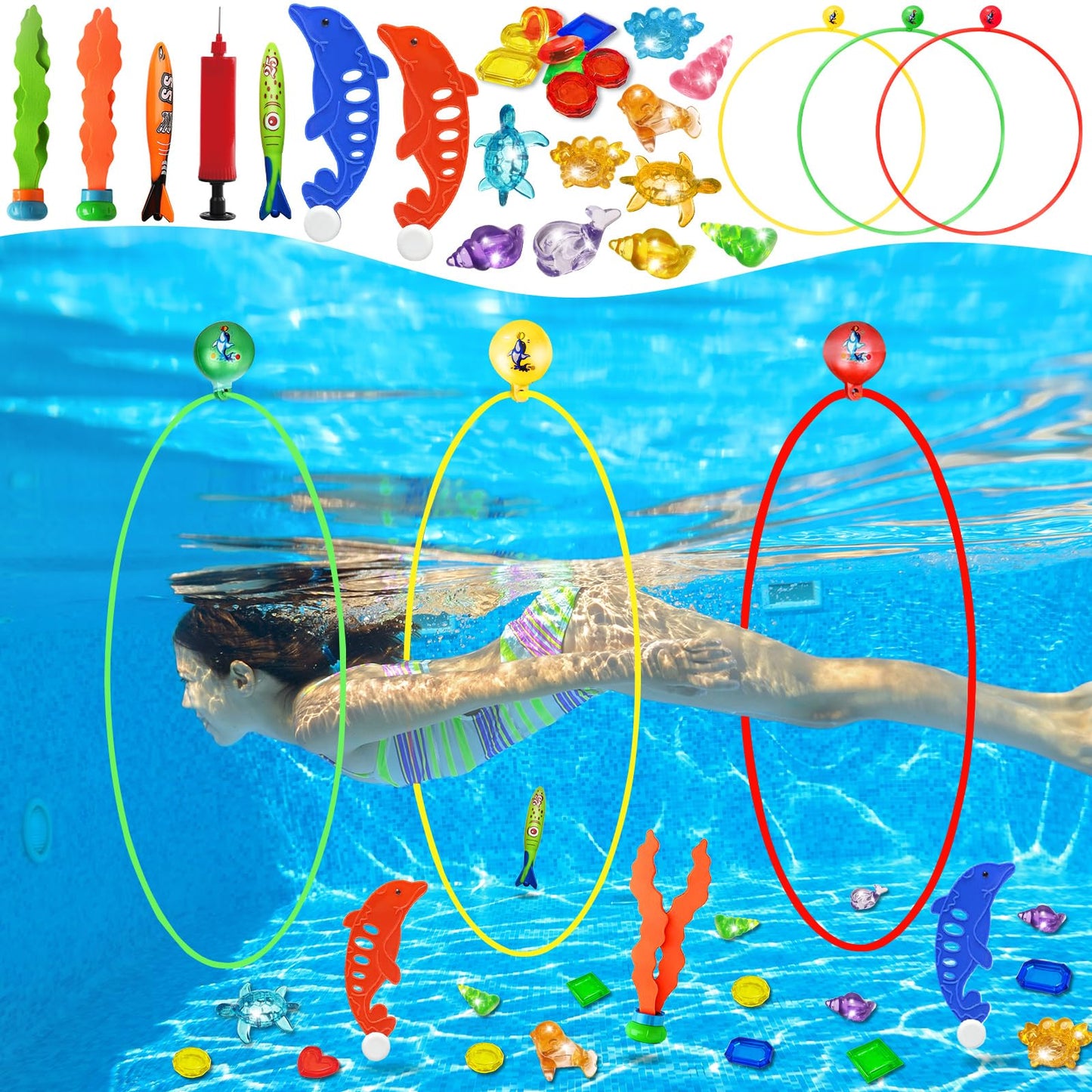 HotJasonwell Pool Toys Diving Rings - 28PCS Swim Thru Rings Pool Game Diving Toys with Dive Ring Underwater Treasures Torpedo Bandits Fish Toy Fun Water Swimming Toy for Boys Girls Kids Teens Adults