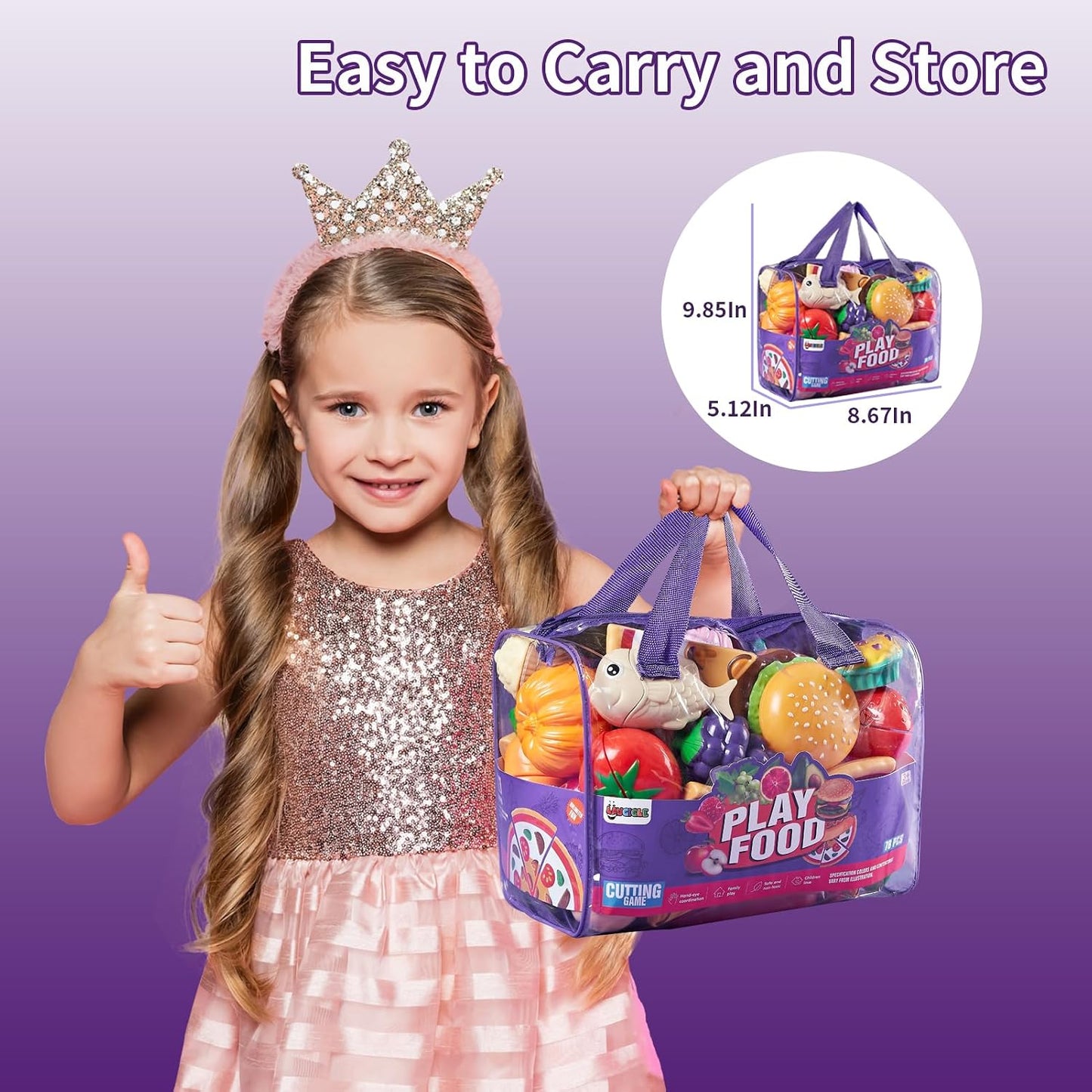 HotLAUGIGLE Pretend Play Food for Kids Kitchen, 78Pc Cutting Toy Food with Storage Bag