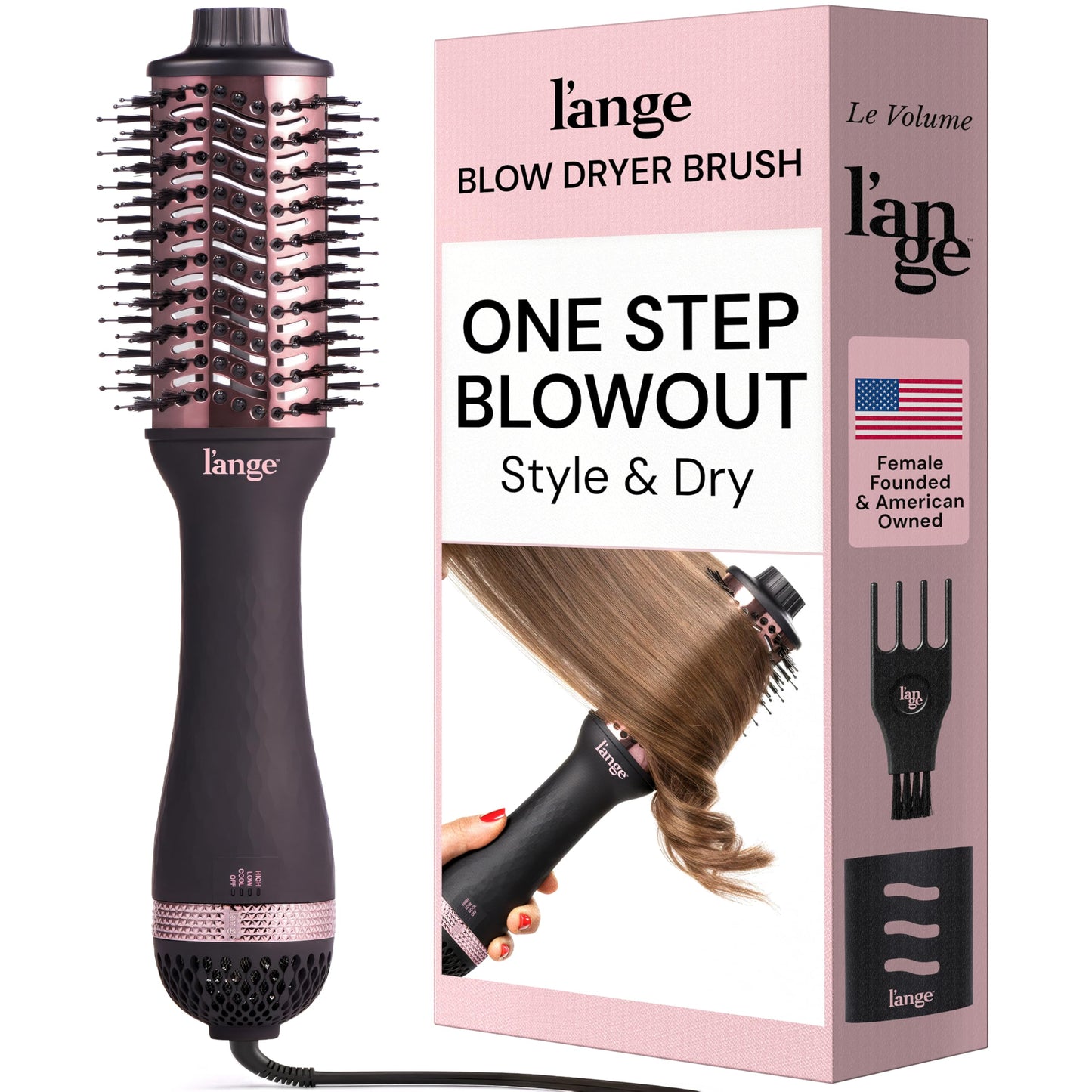 HotL'ANGE HAIR Le Volume 2-in-1 Titanium Blow Dryer Brush | Frizz Control Blowout Hair Dryer Brush For Drying And Straightening | Volumizing Hot Air Styler For All Hairstyles | Oval Barrel | Blush - 75mm