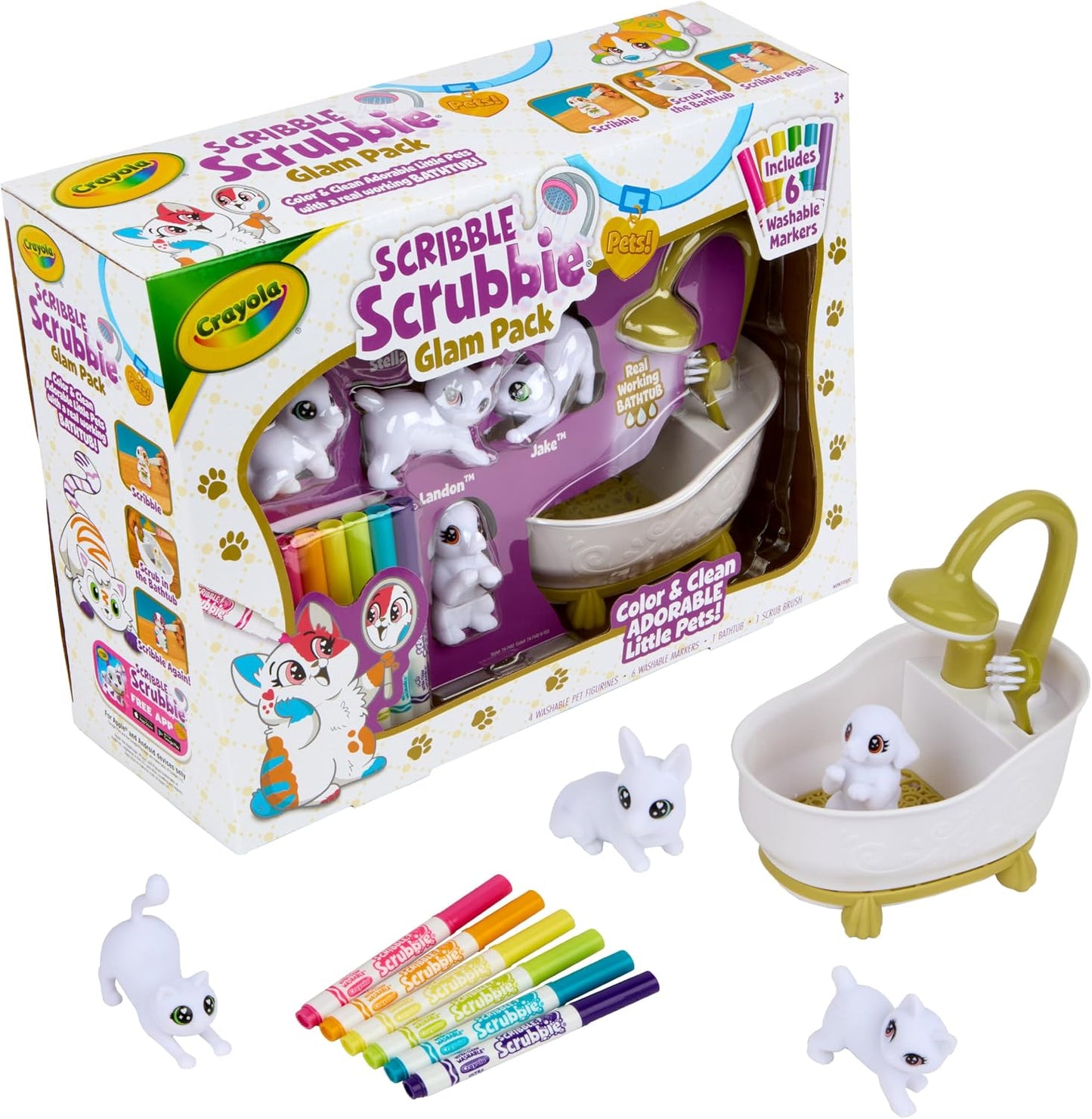 HotCrayola Scribble Scrubbies Glam Pack (4 Pets), Washable Pet Care Toy & Coloring Animal Craft Kit, Gift for Kids, Playset for Girls & Boys, Ages 3+