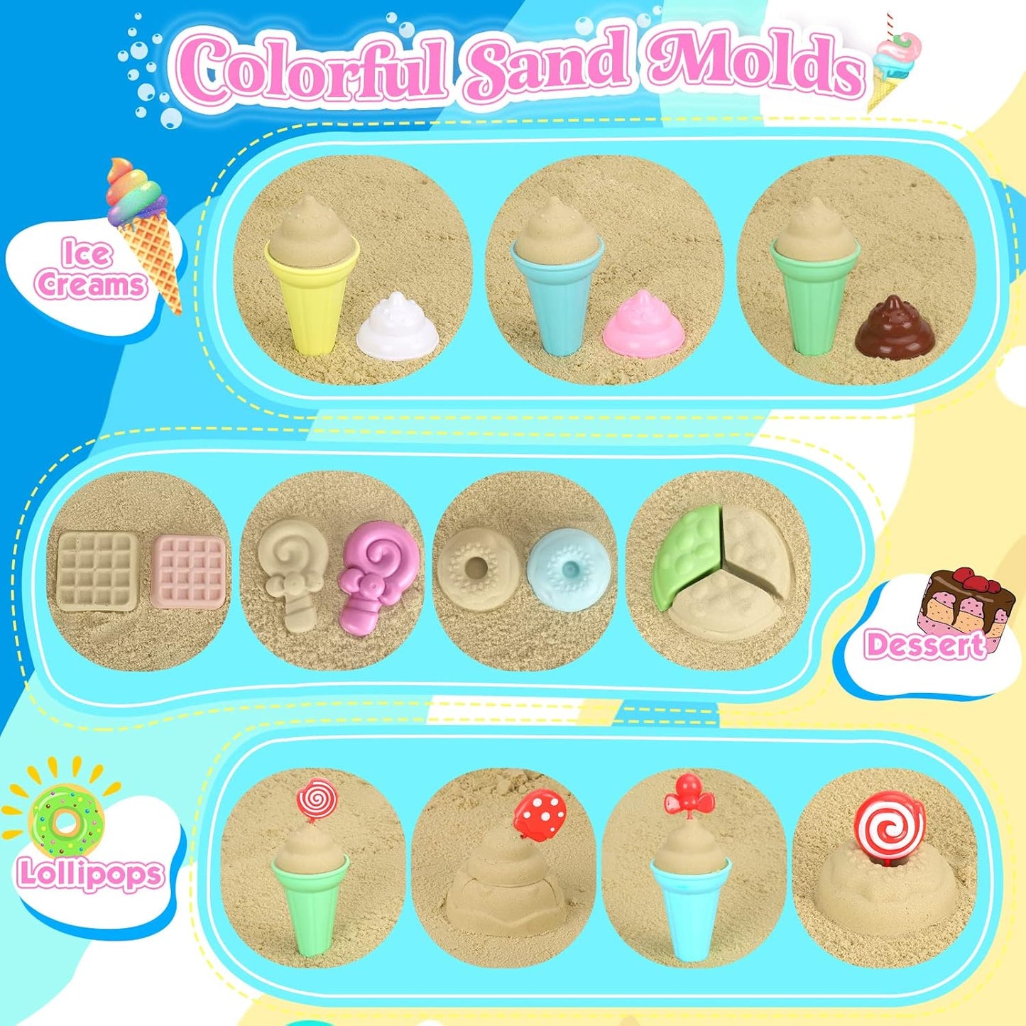 HotCollapsible Beach Toys Set for Kids Toddlers Girls, Collapsible Sand Bucket and Shovels Set with Mesh Bag & Sand Molds, Ice Cream Travel Sand Toys for Beach, Sandbox Toys for Toddlers Kids Age 3-10