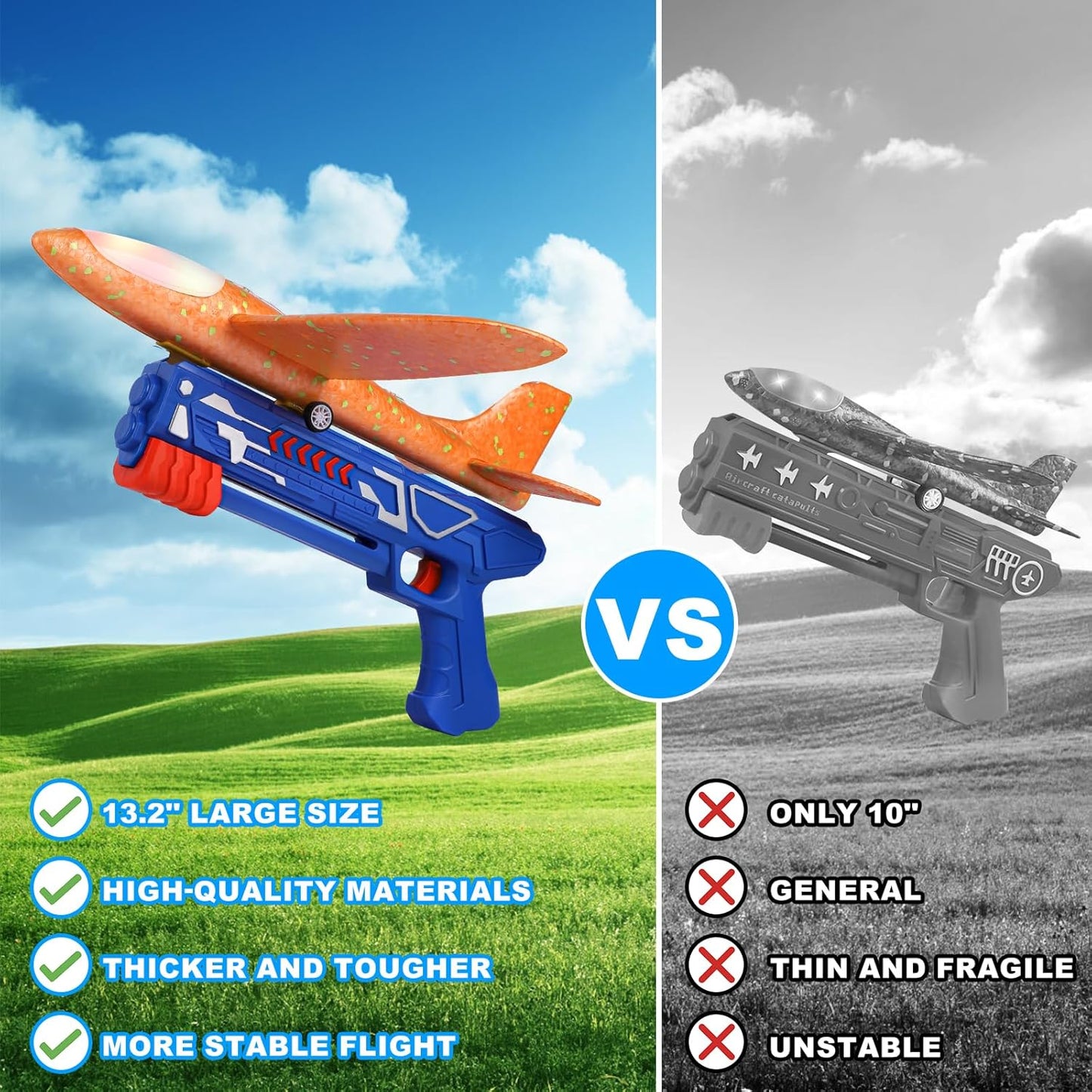 HotFuwidvia 3 Pack Airplane Launcher Toys, 13.2'' LED Foam Glider Plane Toy for Boys, 2 Flight Modes Outdoor Flying Toys Birthday Gifts for Boys Girls 4 5 6 7 8 9 10 11 12 Year Old (Blue&Green&Orange)