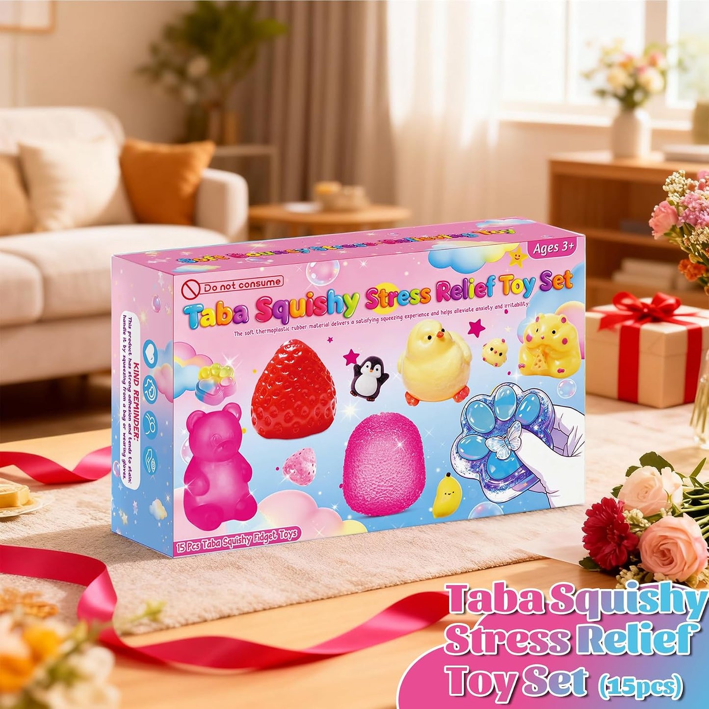 Hot 15Pcs Taba Squishies Kit, Squishies Fidget Toys, Including Strawberry, Cat Paw, Hamster Toy, Stress Relief Toys Party Favors for Kids 4-8 8-12, Sensory Toys Birthday Easter Gifts