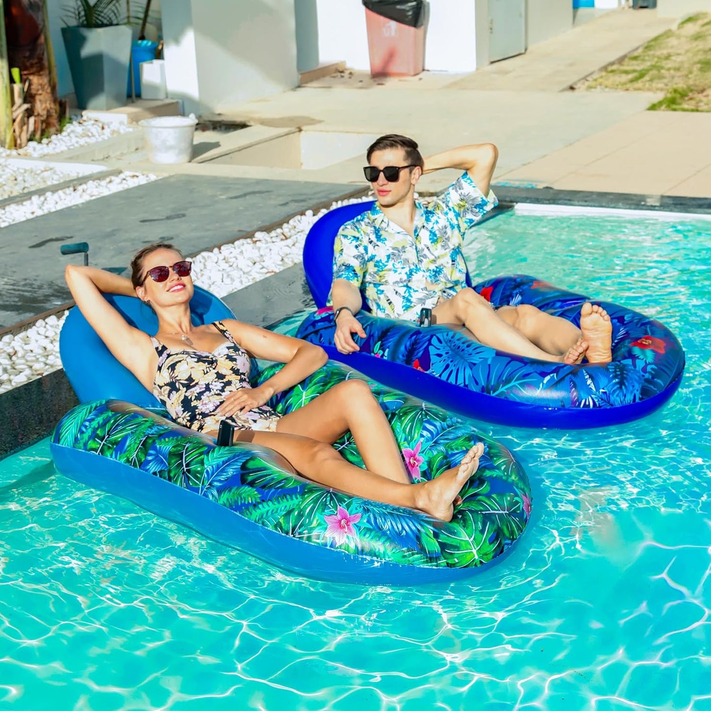 HotFindUWill Pool Floats Chairs Adult - 2 Pack 65'' x 42'' Large Pool Float Chairs, Inflatable Pool Lounger with Cup Phone Holder, Backrest, Footrest, Tanning Pool Lounge