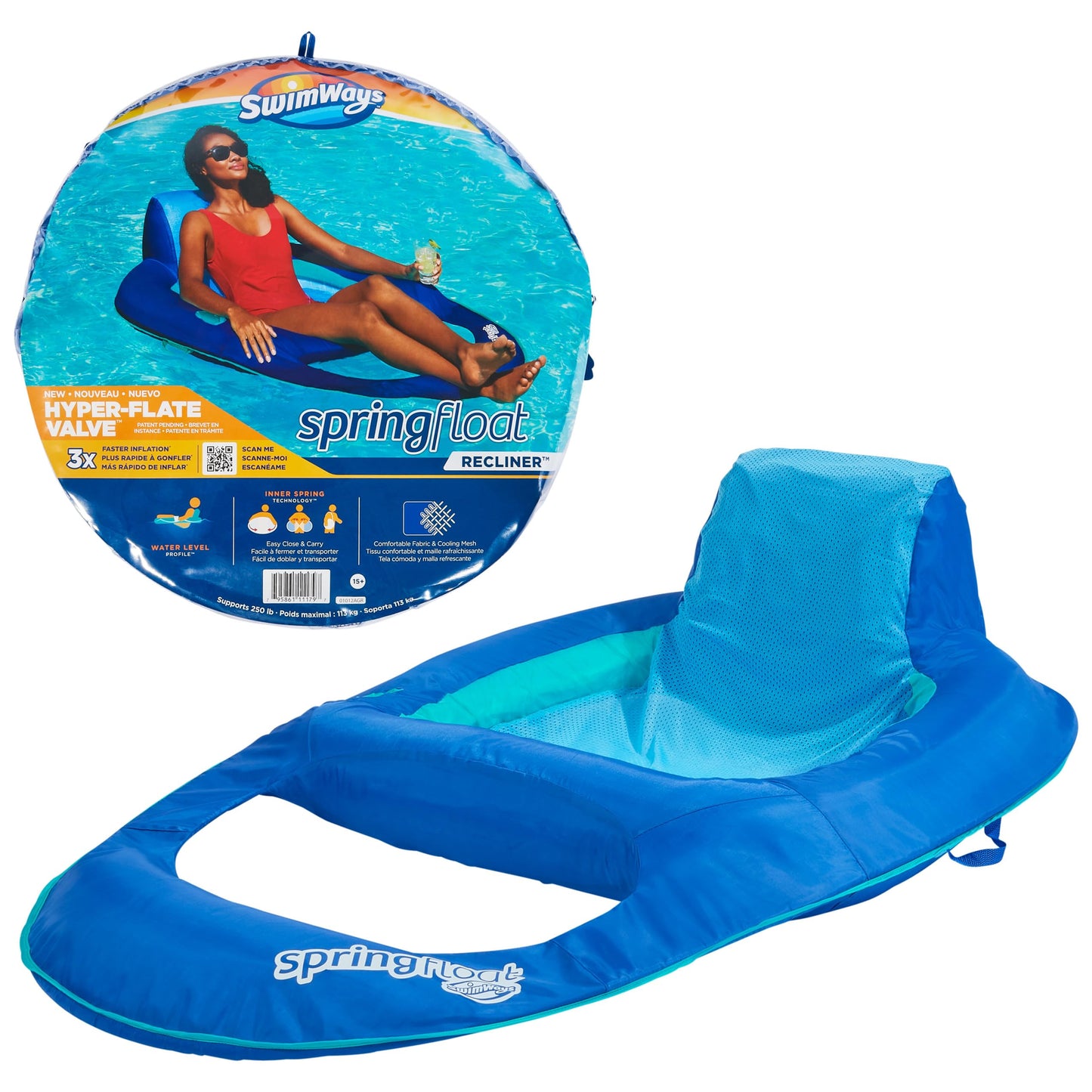 HotSwimWays Spring Float XL Recliner Chair for Swimming Pool, Inflatable Pool Floats for Adults and Teens with Fast Inflation, Cup Holder & Foot Rest, Supports Up to 250 lbs.