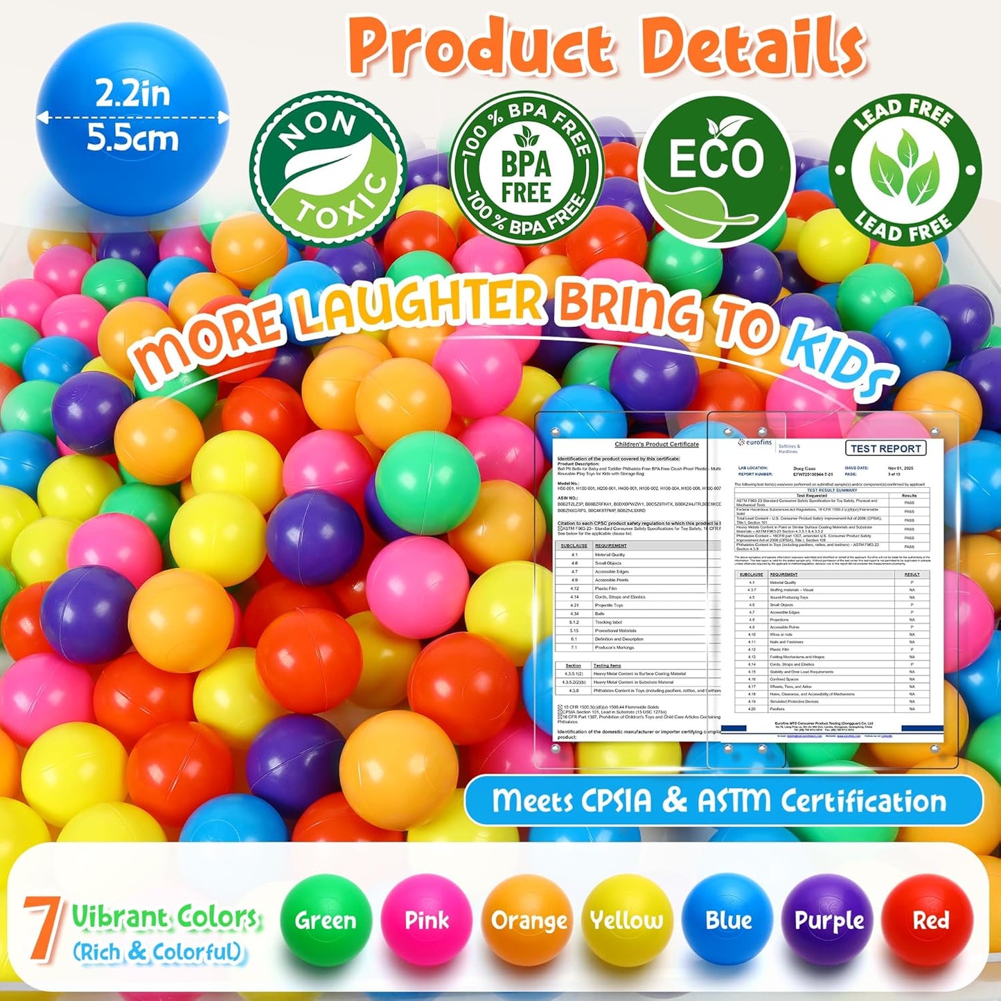 HotHovenlay Ball Pit Balls Phthalate Free BPA Free Crush Proof Plastic - 7 Bright Colors in Reusable Play Toys for Kids with Storage Bag