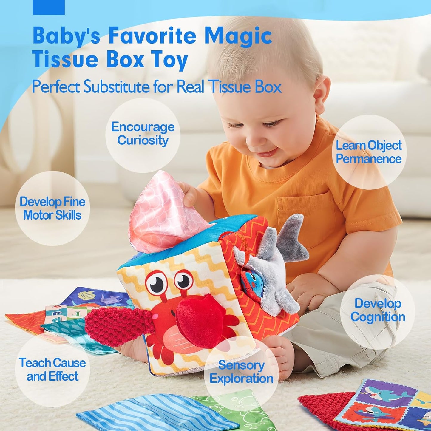 Hot hahaland Baby Tissue Box Toy 6-12 Months Montessori Toys 6 7 8 9 Month Old | Textured Tails, Crinkle Tissues, Squeaky, Mirror, Pull & Hang Ring, Play Silks Sensoy Scarves Soft Baby Gift Busy Travel Toys
