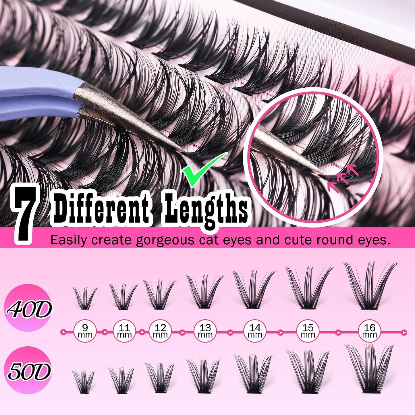 HotFANXITON DIY Individual Eyelash Extension Kit, Thick Volume Lash Clusters 40D+50D D Curvature, 280 Pieces Thin Band Cluster Lashes with Bond and Seal Tweezers