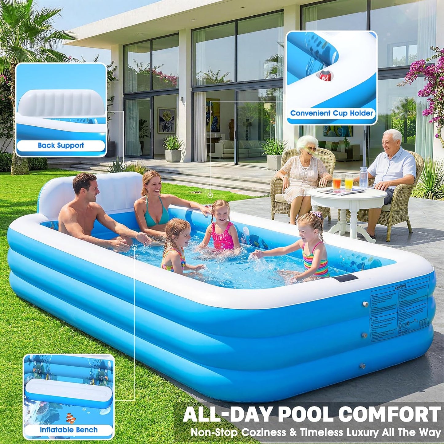 Hot Extra Large Inflatable Pool with Lights,Upgraded Solar Powered Blow Up Pool for Adults,Inflatable Kids Swimming Pool with Seat& Backrest,Big Inflatable Kids Pool for Backyard,120x73x20IN
