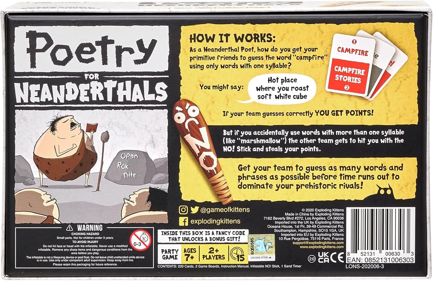 HotExploding Kittens Poetry for Neanderthals 2-6 Players, Ages 7+ | Be a Neanderthal poet! Give one-syllable words and phrases so friends guess the word in this quick-to-learn viral party game.