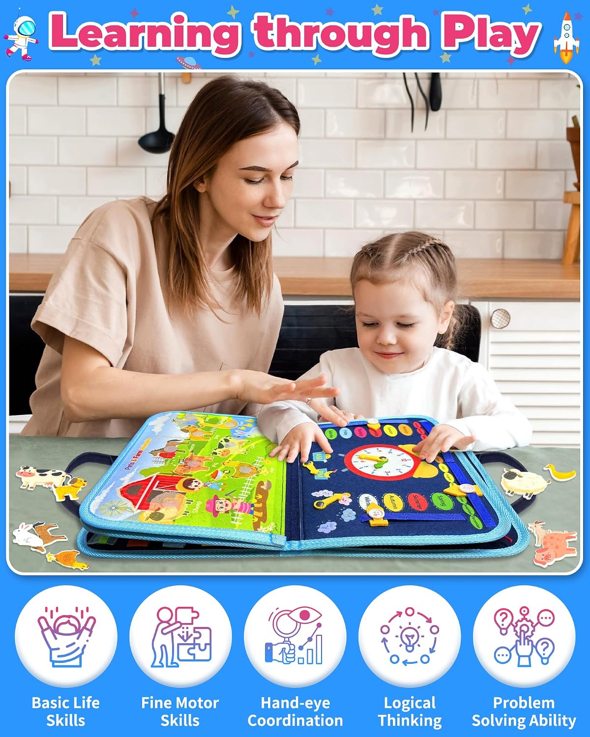 HotGojmzo Busy Board Montessori Toys for Toddler Boy Birthday Gifts, Busy Book Sensory Toys for Toddlers, Learning Educational Toddler Travel Activities