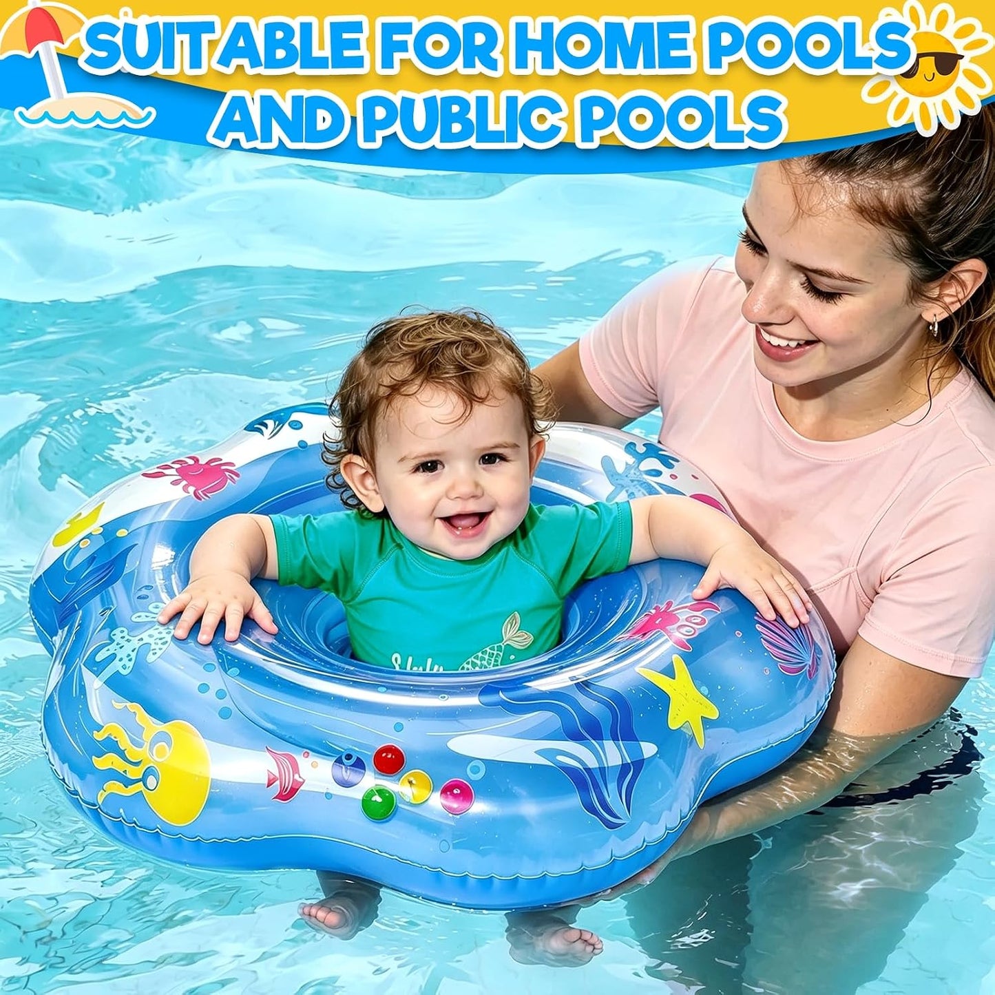 Hot 25.6" Inflatable Baby Pool Float for 6-36 Months Double Air Anti-Flip Safety Baby Swimming Float Toddler Swim Trainer Water Toys, Infant Swim Floats, Toddler Floaties,Kids Beach Toys Summer Essentials
