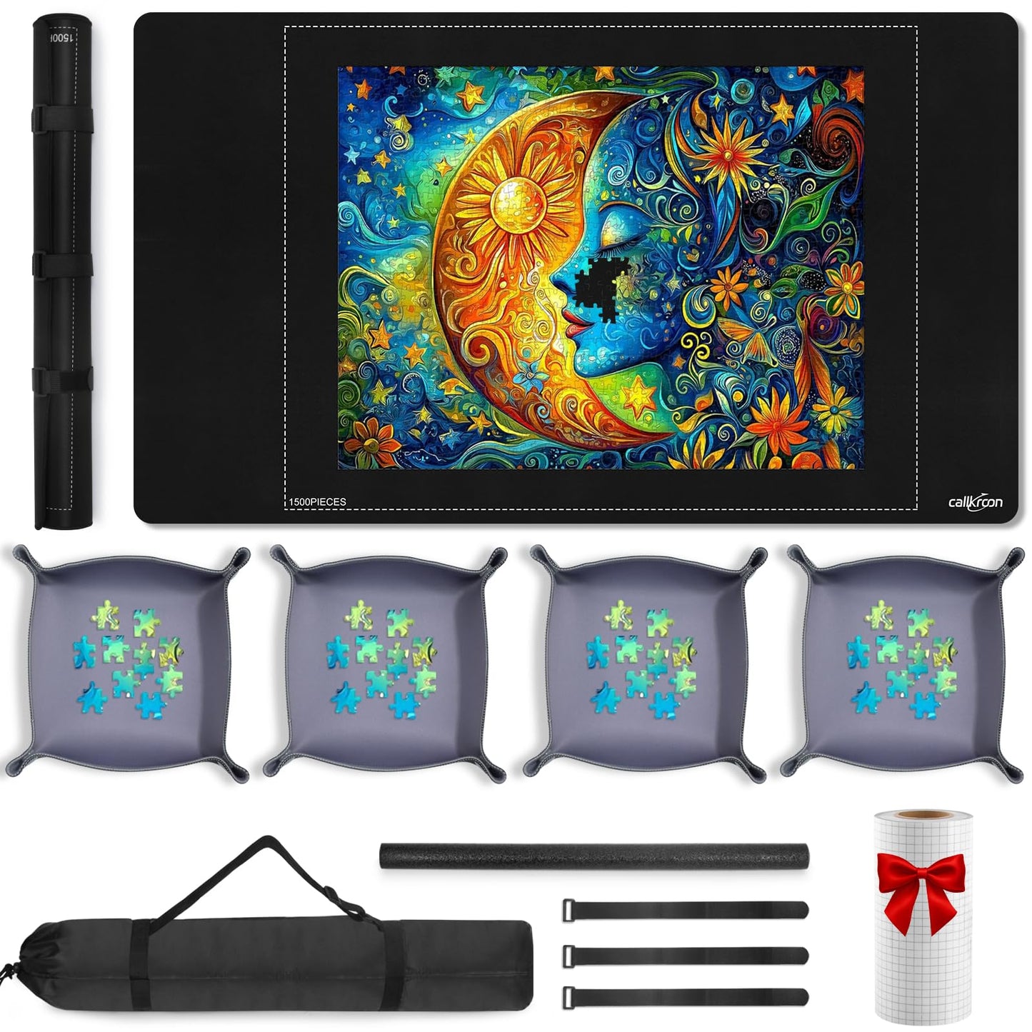 Hot Puzzle Mat Roll Up for 1500 Pieces, Felt Puzzle Board Alternative Gift Set with 4 Sorting Trays and Inflatable Tube, Premium Puzzle Saver Mat for Storage, Portable Puzzle Rolling Mat