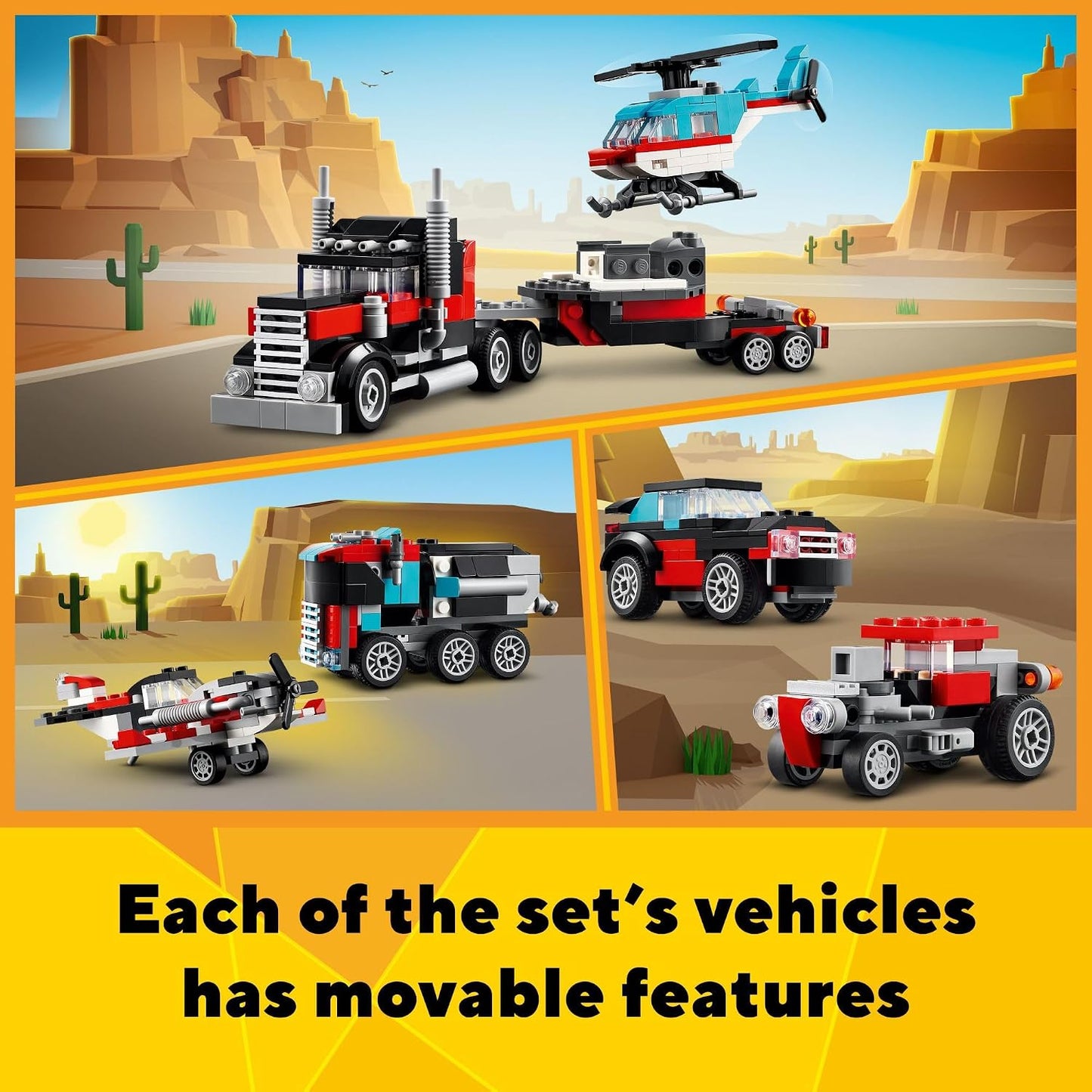 HotLEGO Creator 3 in 1 Flatbed Truck with Helicopter Toy, Transforms from Flatbed Truck Toy to Propeller Plane to Hot Rod and SUV Cars, Gift Idea for Boys and Girls Ages 7 Years Old and Up, 31146