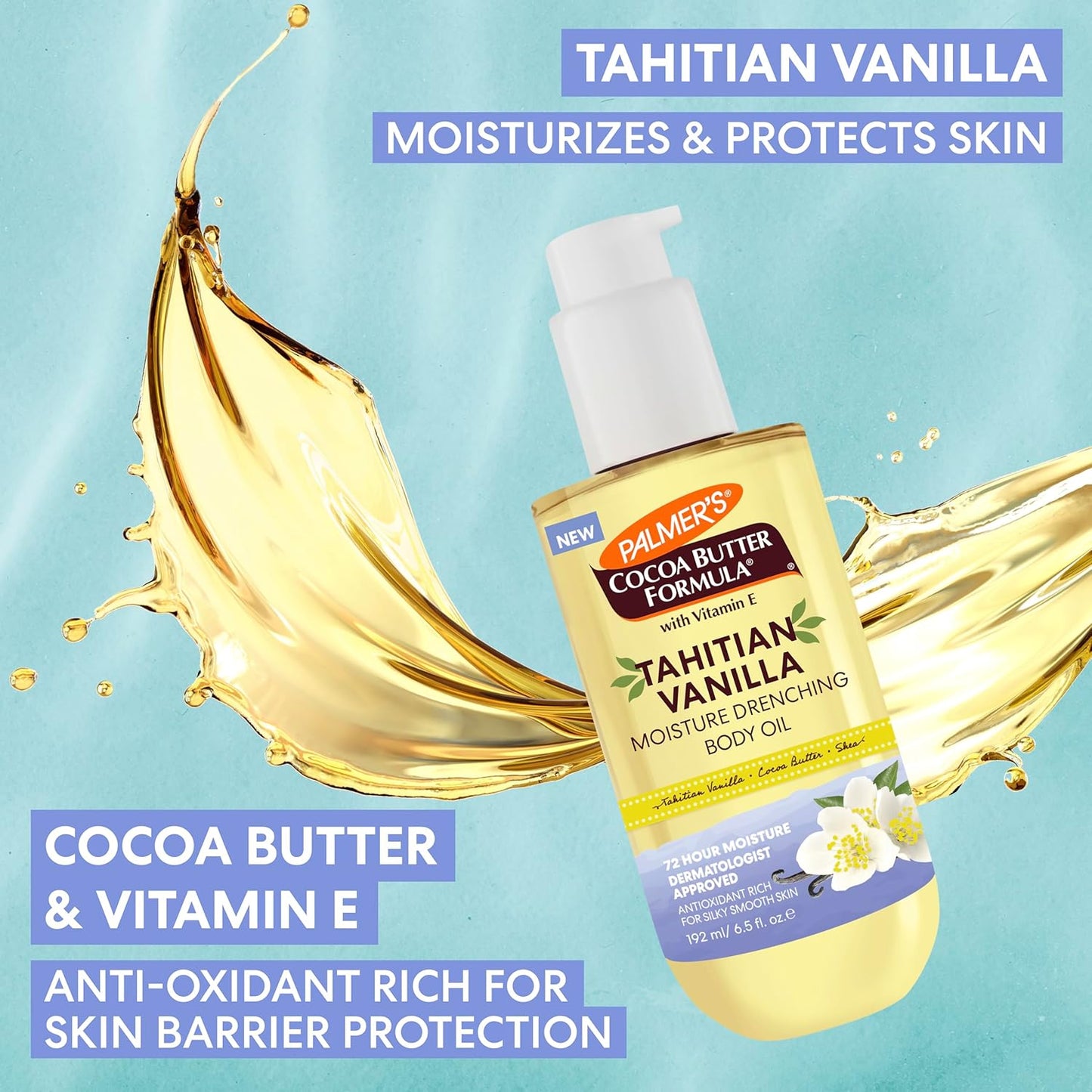 HotPalmer's Cocoa Butter Formula Body Oil, Moisture Drenching Tahitian Vanilla, 6.5 Oz, 72Hr Hydration with Shea Butter & Vitamin E for Softer Skin, Protects & Soothes Dryness, Dermatologist Approved