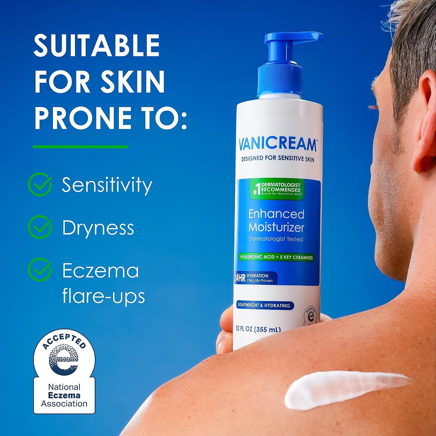 HotVanicream Enhanced Moisturizer, 12 Fl Oz, Daily Body Lotion for Dry, Sensitive Skin, Clinically Tested 24Hr Hydration with Hyaluronic Acid, Glycerin & Ceramides, Formulated without Common Irritants