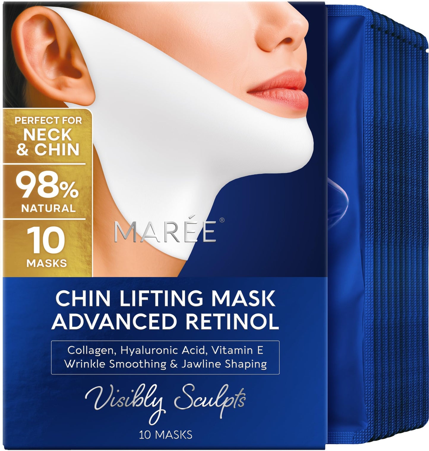 HotMAREE V Line Lifting Mask with 24K Gold – Deep Collagen Face Mask for Women – Jawline Shaper Mask with Retinol & Hyaluronic Acid – Neck Tightening & Firming - Double Chin Strap for Face Lift