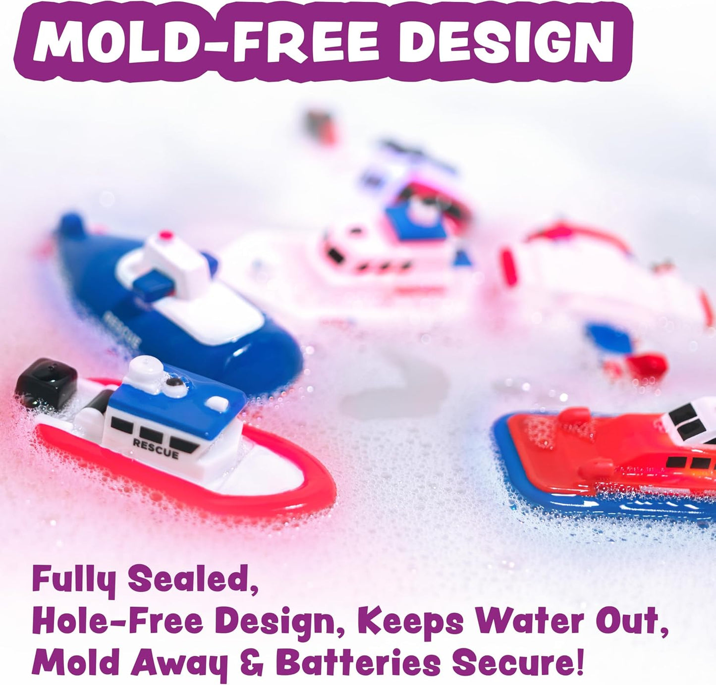 HotTub Works® Ocean Rescue™ Vehicles Light Up Bath Toys, 6 Pack | Water-Activated Light Up Toys Flash & Change Color | Easy-Grip Baby & Toddler Bath Toys | Sensory Toys with Bath Lights for Kids Bath