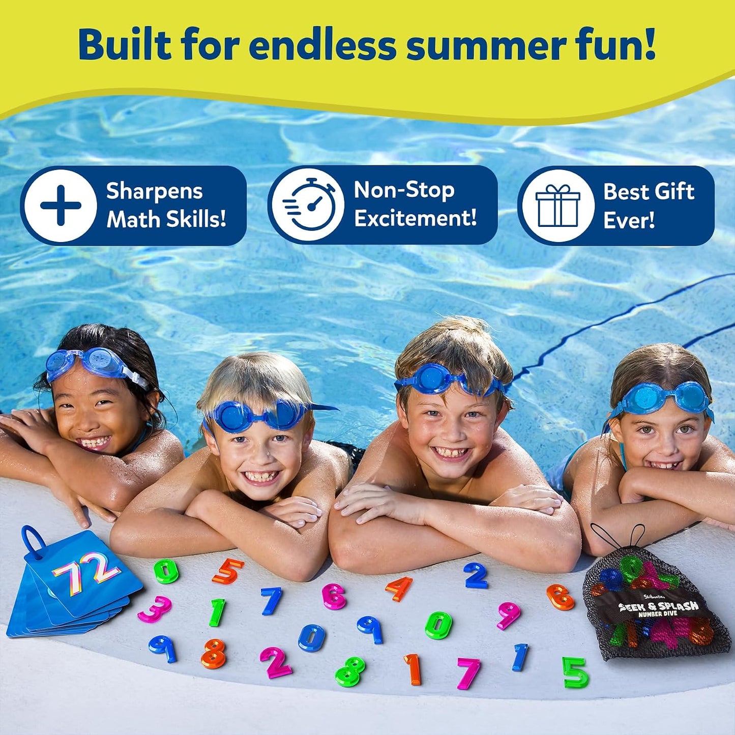 HotSkillmatics – Seek & Splash, Pool Dive Toys for Kids, Search & Find Game | Swimming Pool Number Dive Toy, Summer Fun & Gift for Boys & Girls Ages 6, 7, 8, 9, 10, 11 & Up, Includes 50 Colorful Gems