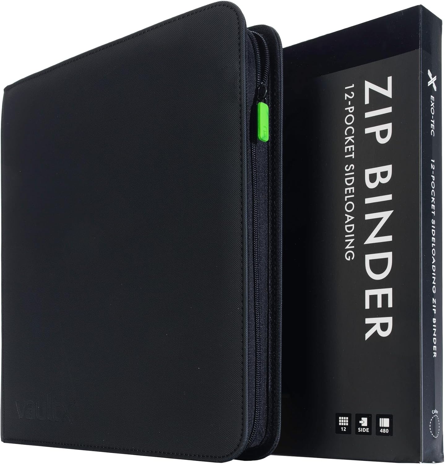 Hot Vault X 12 Pocket Zip Trading Card Binder 480 Cards Exo-Tec (Black) | Holds 480 standard-size TCG cards in 20 side-loading 12-pocket pages. Padded, water-resistant Exo-Tec cover.