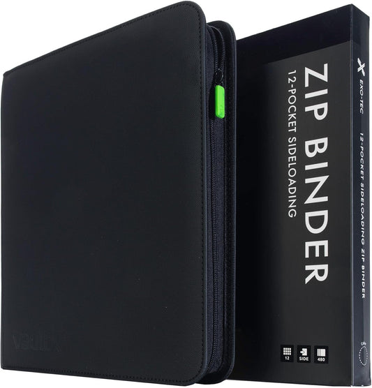 Hot Vault X 12 Pocket Zip Trading Card Binder 480 Cards Exo-Tec (Black) | Holds 480 standard-size TCG cards in 20 side-loading 12-pocket pages. Padded, water-resistant Exo-Tec cover.