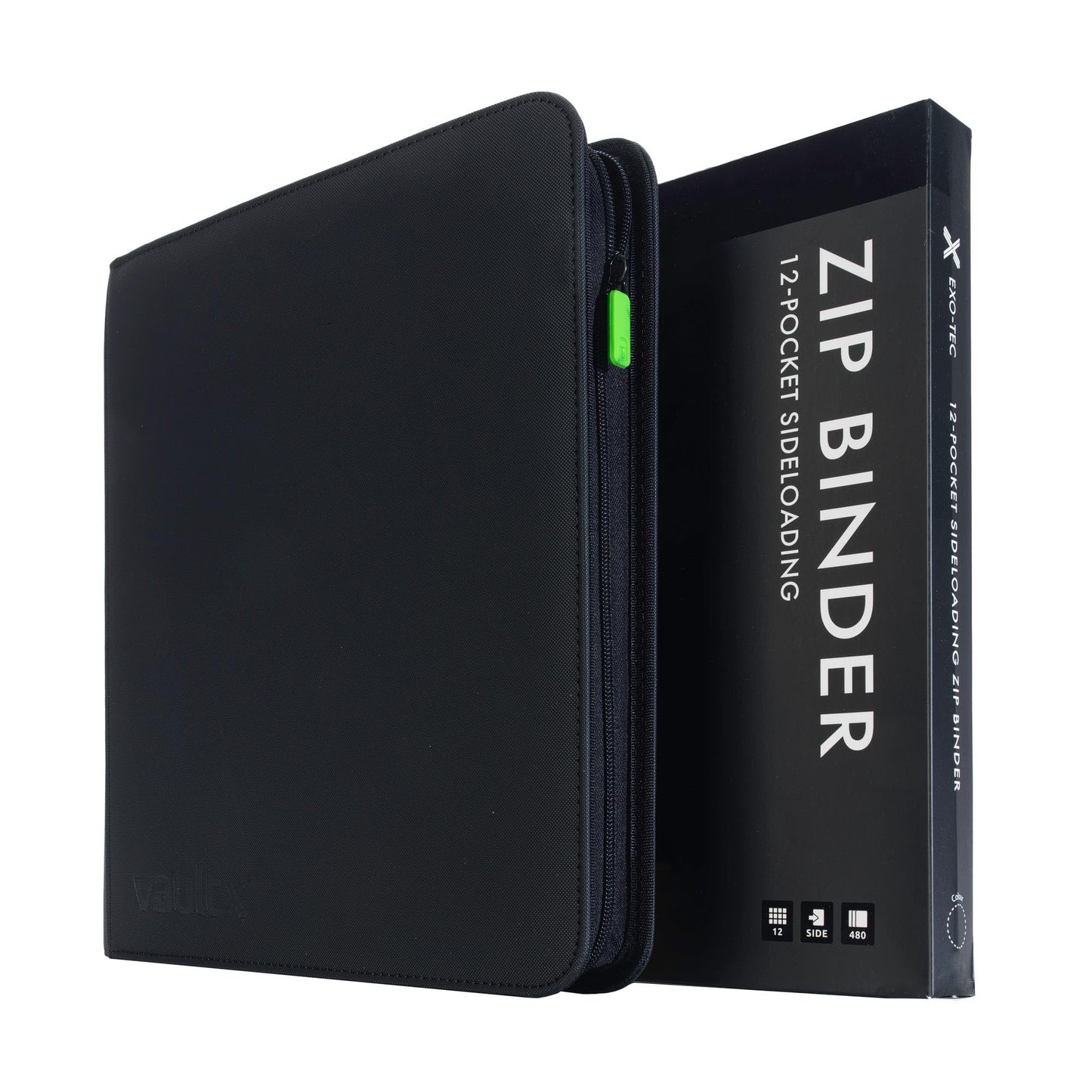 Hot Vault X 12 Pocket Zip Trading Card Binder 480 Cards Exo-Tec (Black) | Holds 480 standard-size TCG cards in 20 side-loading 12-pocket pages. Padded, water-resistant Exo-Tec cover.
