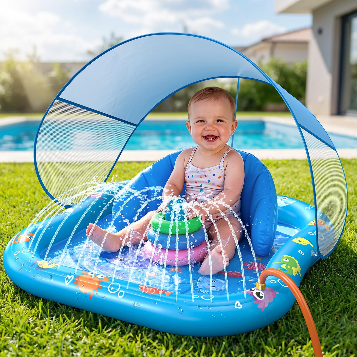 HotInflatable Tanning Pool Lounger Float with Sprinkler, 77" x 48" XL Tanning Pool for Adults with Pillow & Cup Holder, 6 in 1 Suntan Tub Sunbathing Bed Pool Floats Adult for Backyard, Beach & Lake