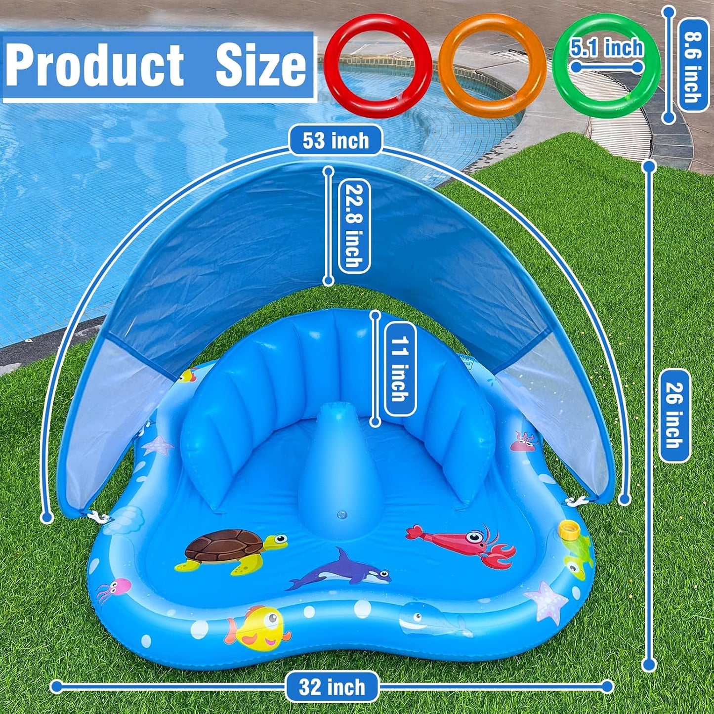 Hot iGeeKid Baby Play Mat with Sprinkler, Inflatable Baby Pool Float with Canopy Backrest & Stackable Rings Water Sprinkler for Kids, Outdoor Water Play Toys for Toddlers Backyard Swimming Water Games