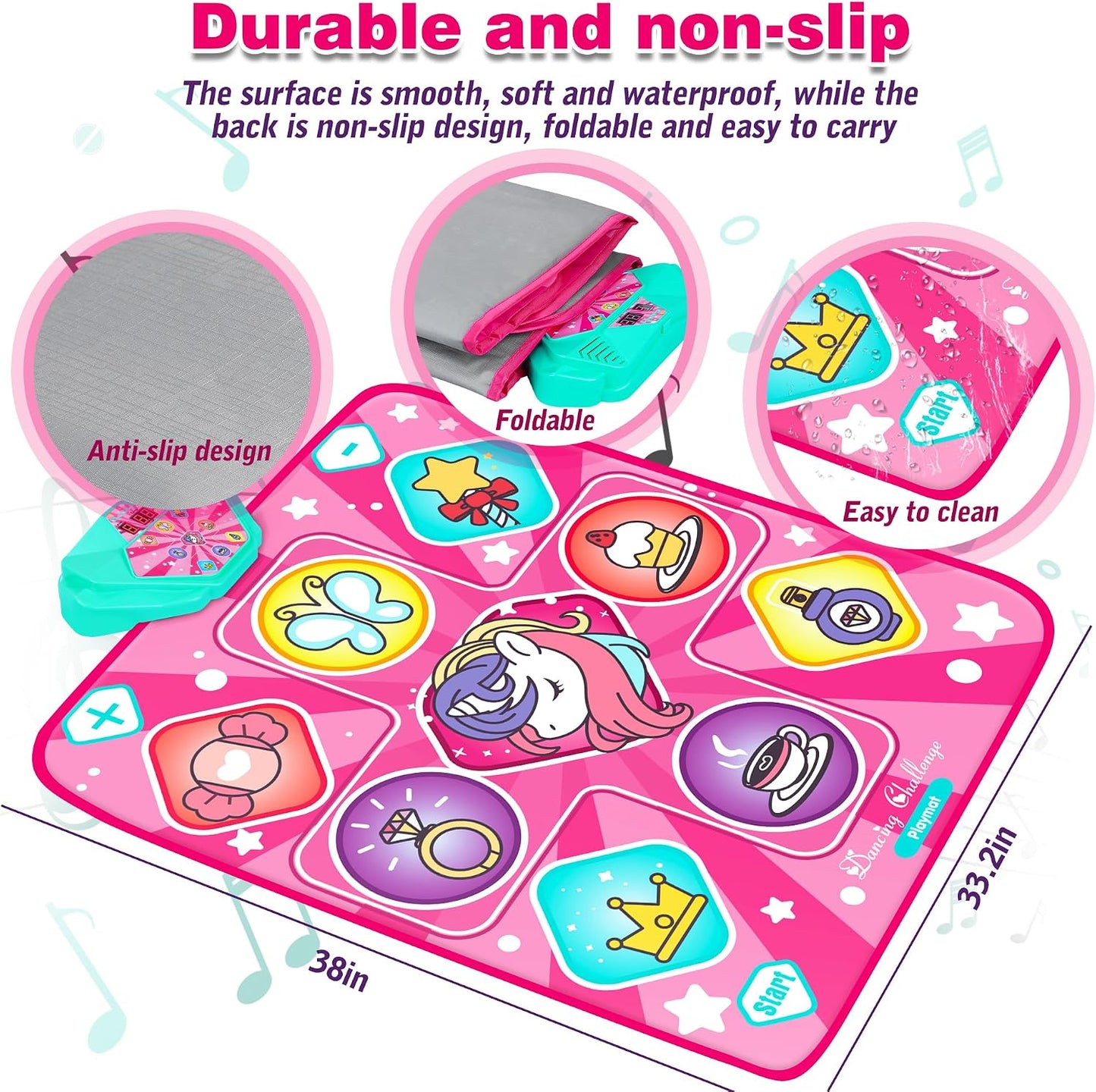 Hot Kusntin Dance Mat, Dance Mixer Rhythm Step Play Mat, Pink Dance Pad with LED Lights, Adjustable Volume, Built-in Music, 5 Game Modes, Xmas Birthday Gifts for 3-10 Years Girls Toys (Multicolor)